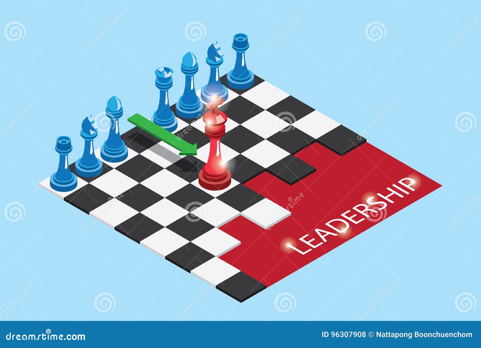 isometric vector image on a blue background, chess pieces and their names,  school of chess Stock Vector