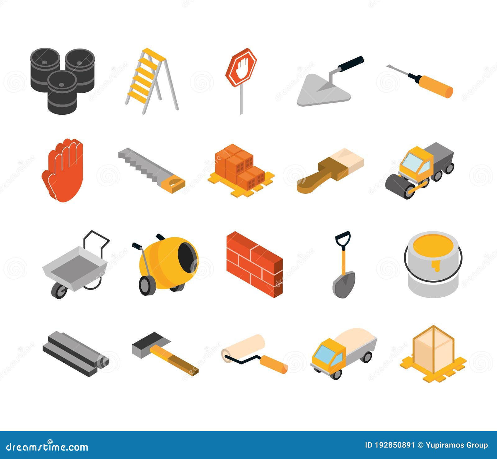 Isometric Repair Construction Work Tool And Equipment Barrels Ladder