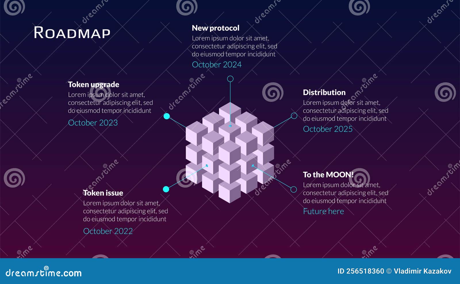 Isometric Roadmap with Big Cube in Center and Copy Space Around for  Blockchain or Cryptocurrency Project on Dark Purple Background Stock Vector  - Illustration of startup, process: 256518360