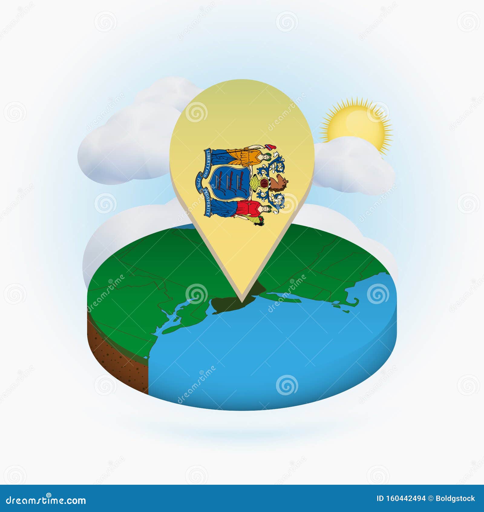 Isometric Round Map of US State New Jersey and Point Marker with Flag