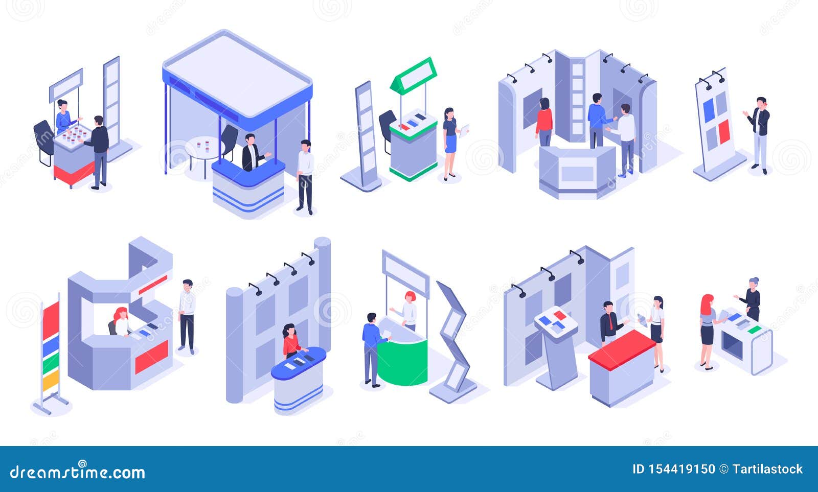 isometric sale stands. expo demonstration stand, product exhibition trade stalls and events people 3d  set