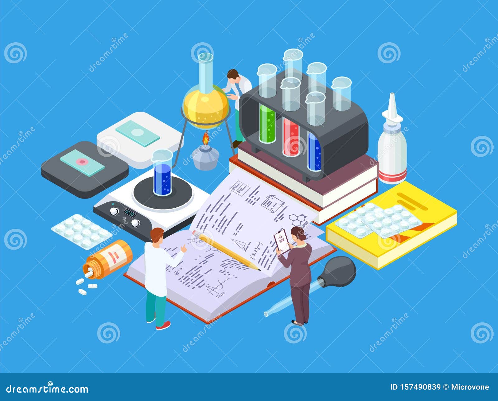 isometric science lab.  medical research concept. pharmaceutical industry, drug development