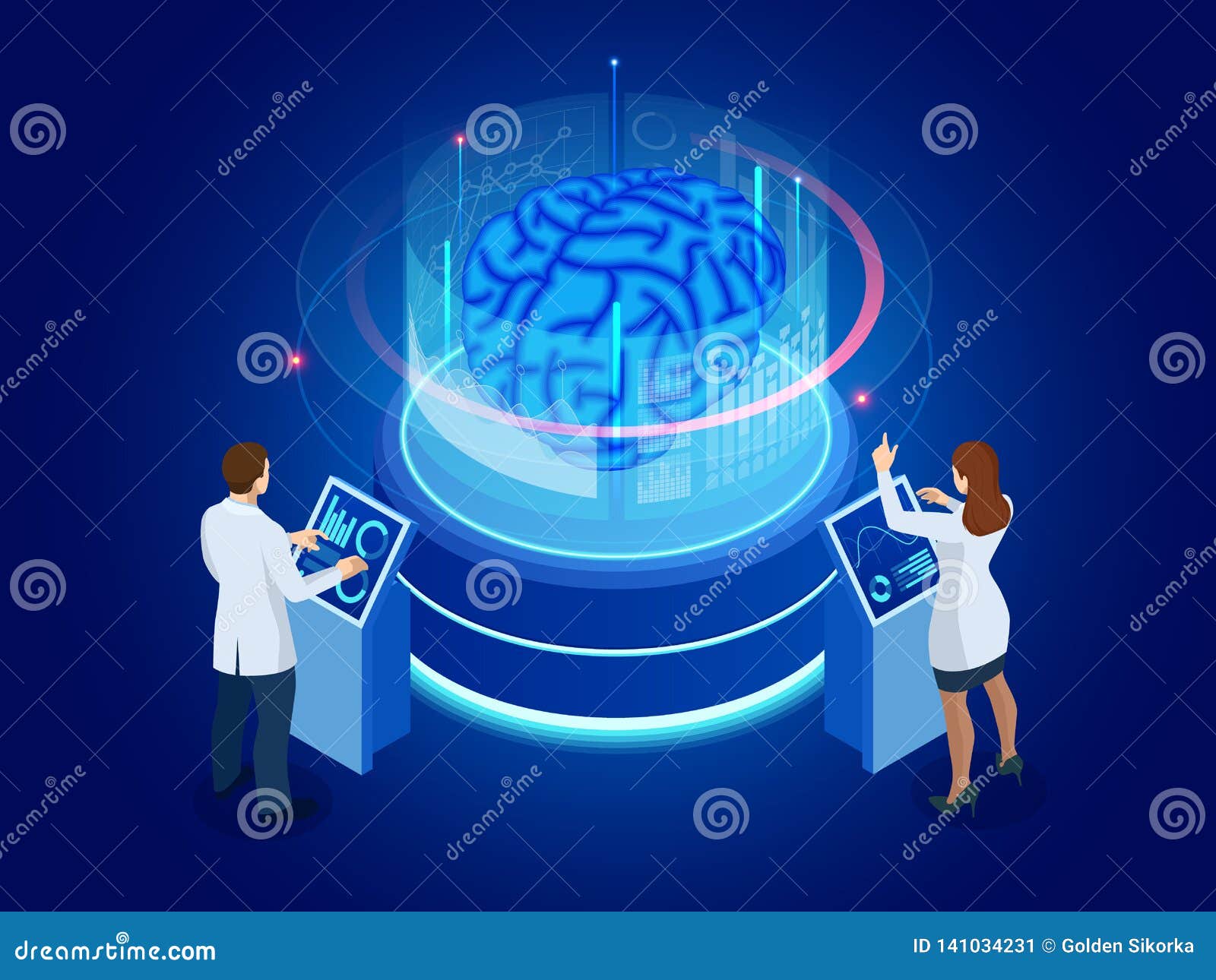 isometric scientific development of artificial intelligence concept. electric brain. laboratory researching brain