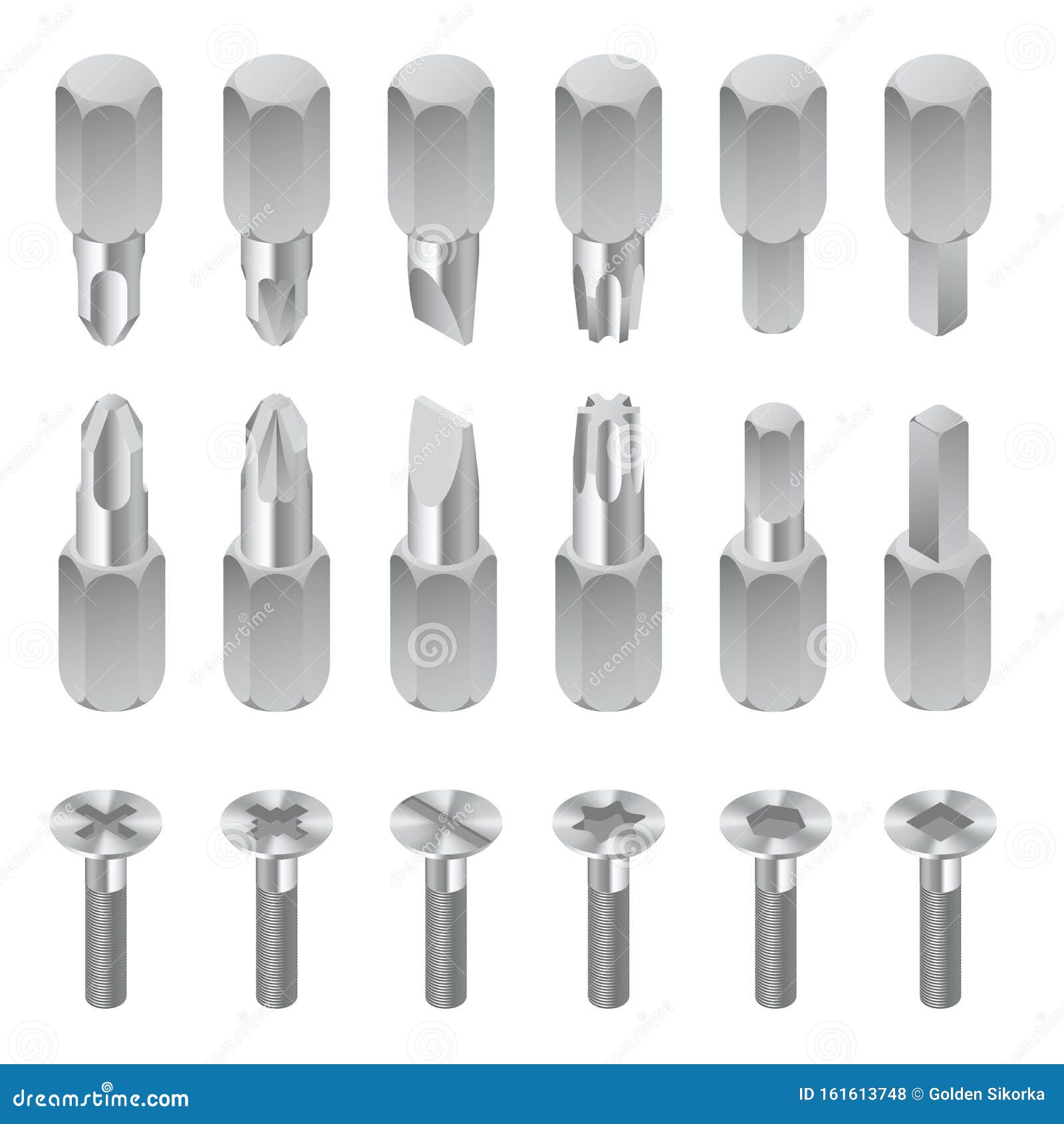 isometric set of bits for screwdriver  on white background. . metal bits for screwdriver. hand tools for repair