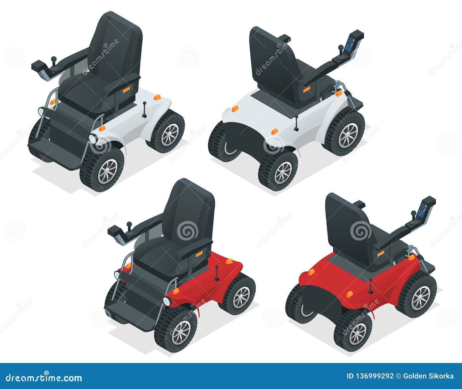 isometric set of electric wheelchair. new large motorized electric wheelchair. mobile scooter.