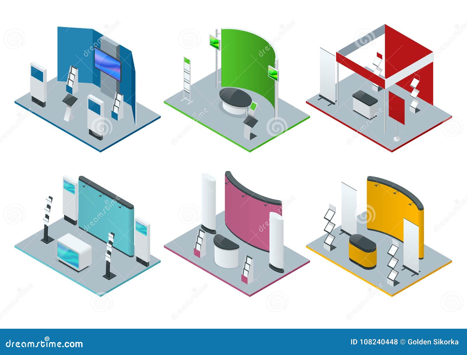 isometric set of promotional stands or exhibition stands including display desks shelves and handout