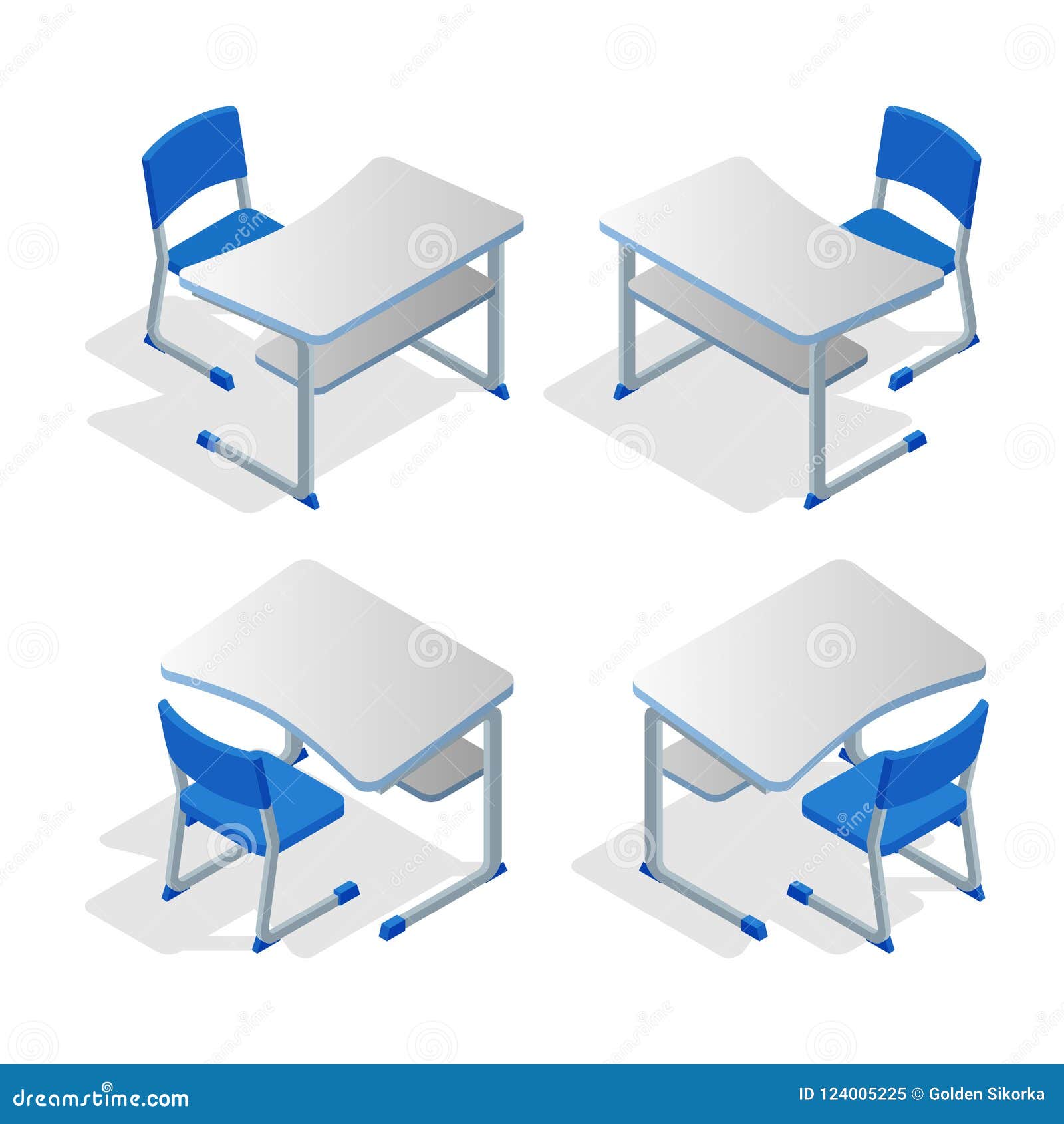 Isometric Set Of School Or College Desk Table With Chair Isolated