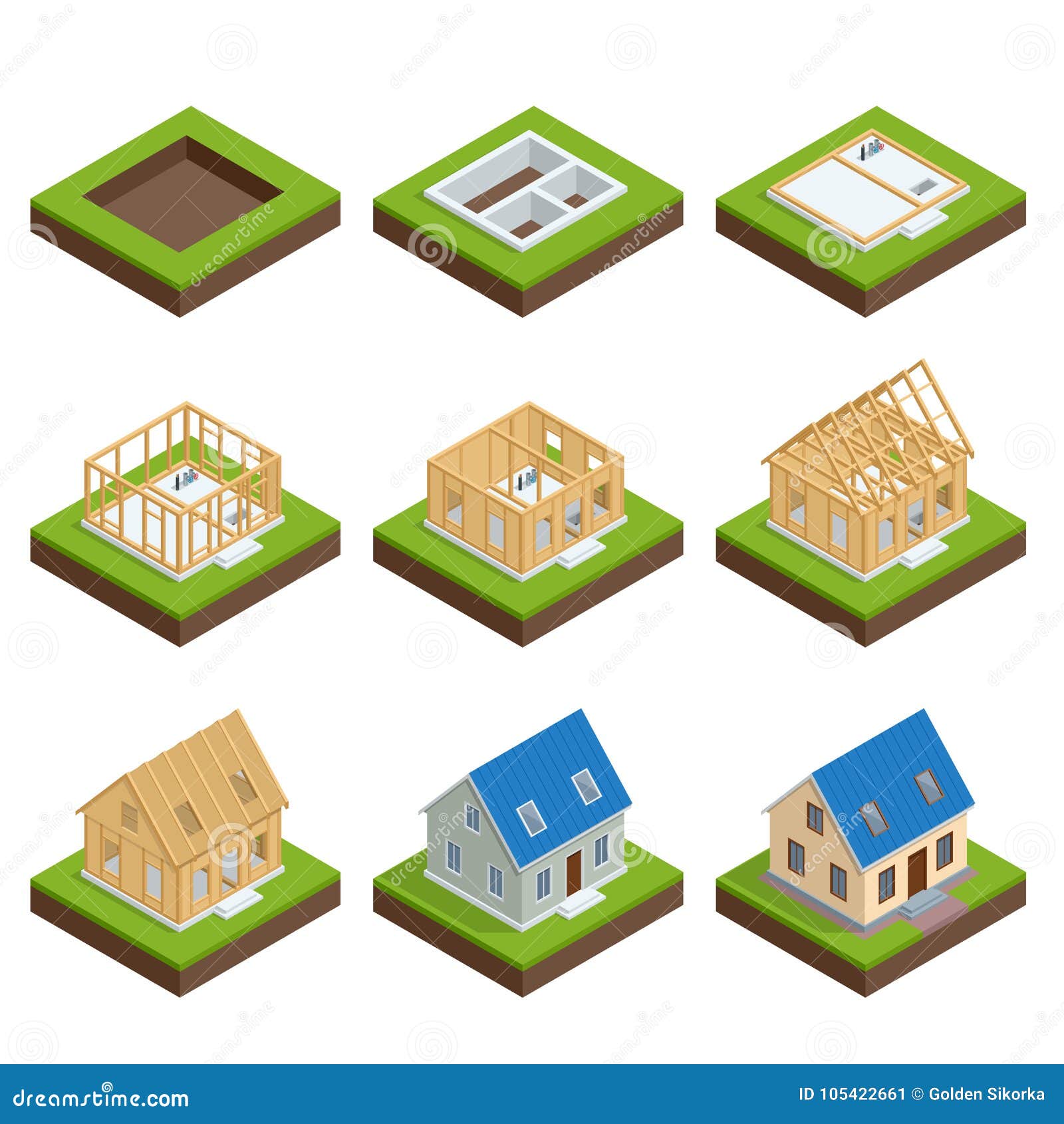 isometric set stage-by-stage construction of a blockhouse. house building process. foundation pouring, construction