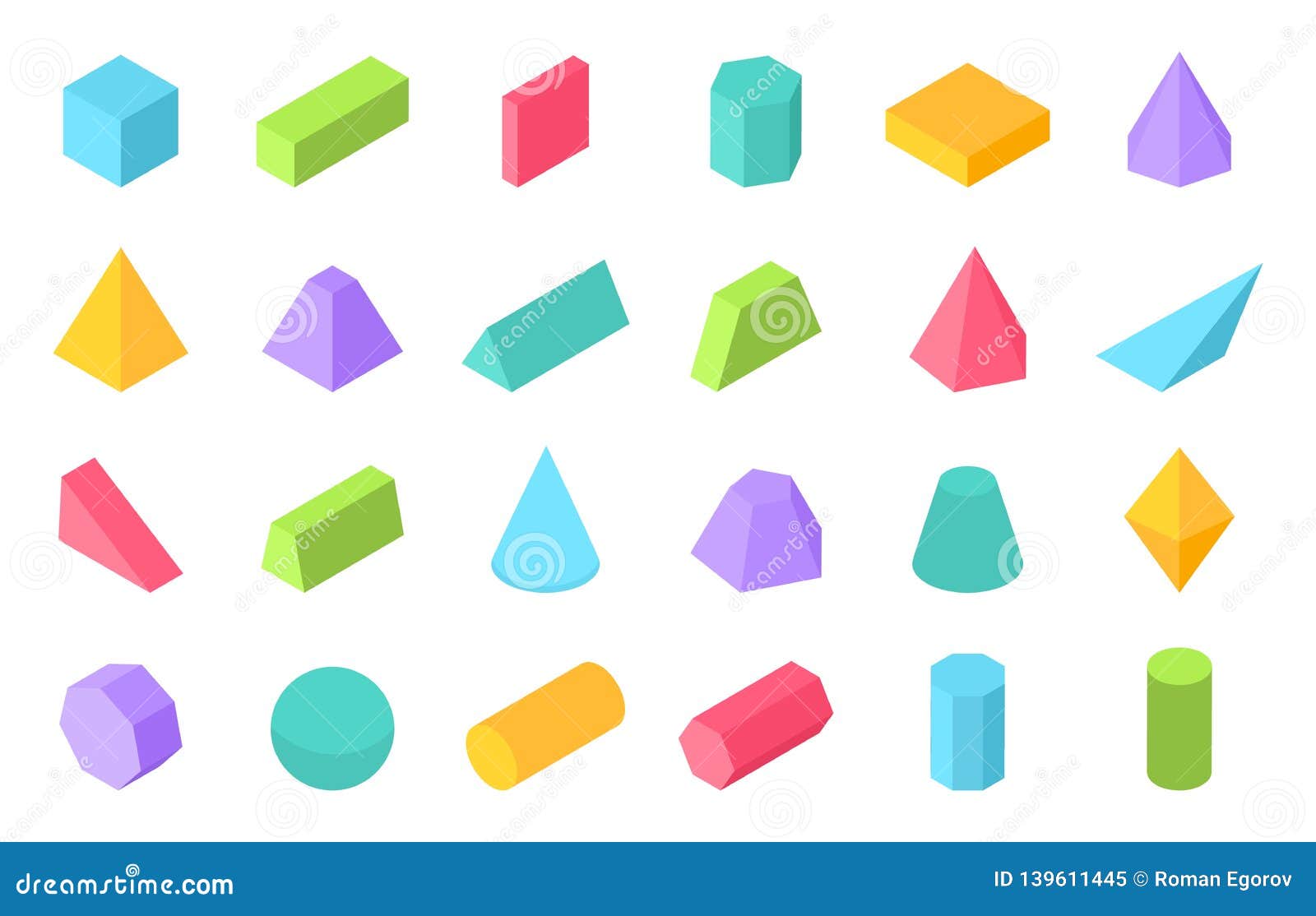 isometric s. 3d geometric form, flat geometry polygon objects such as prism pyramid cylinder sphere. 