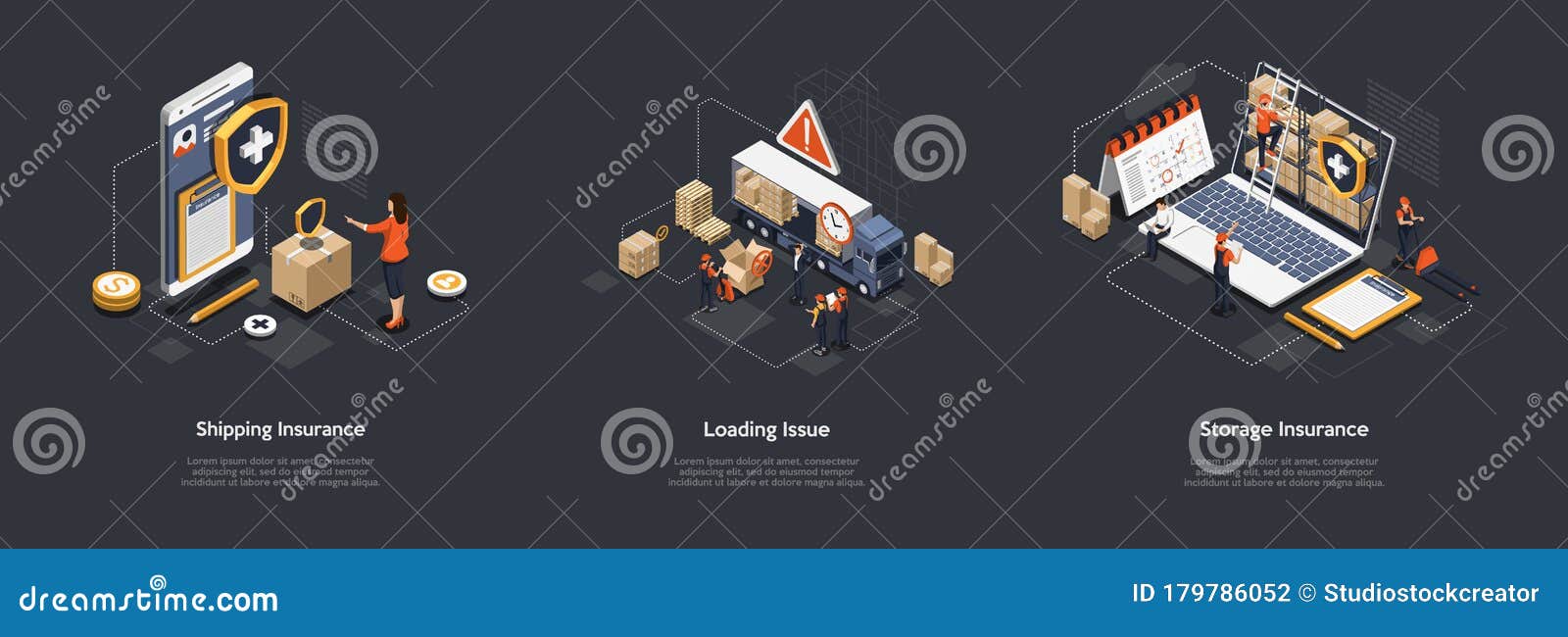 Isometric Shipping Insurance, Loading Issue, Storage Insurance. Workers