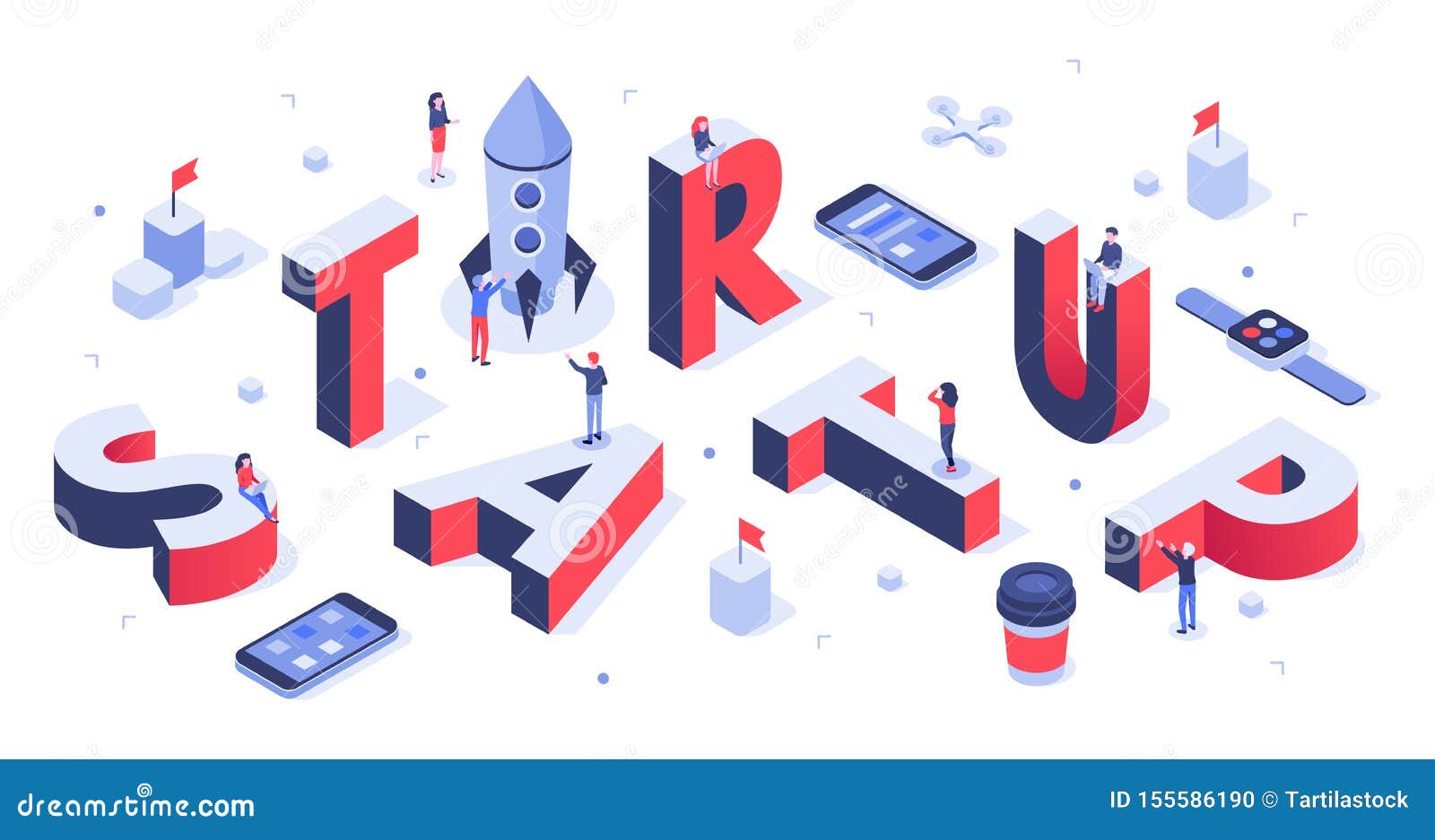 isometric startup lettering. company launch, startups business banner and abstract creative  background