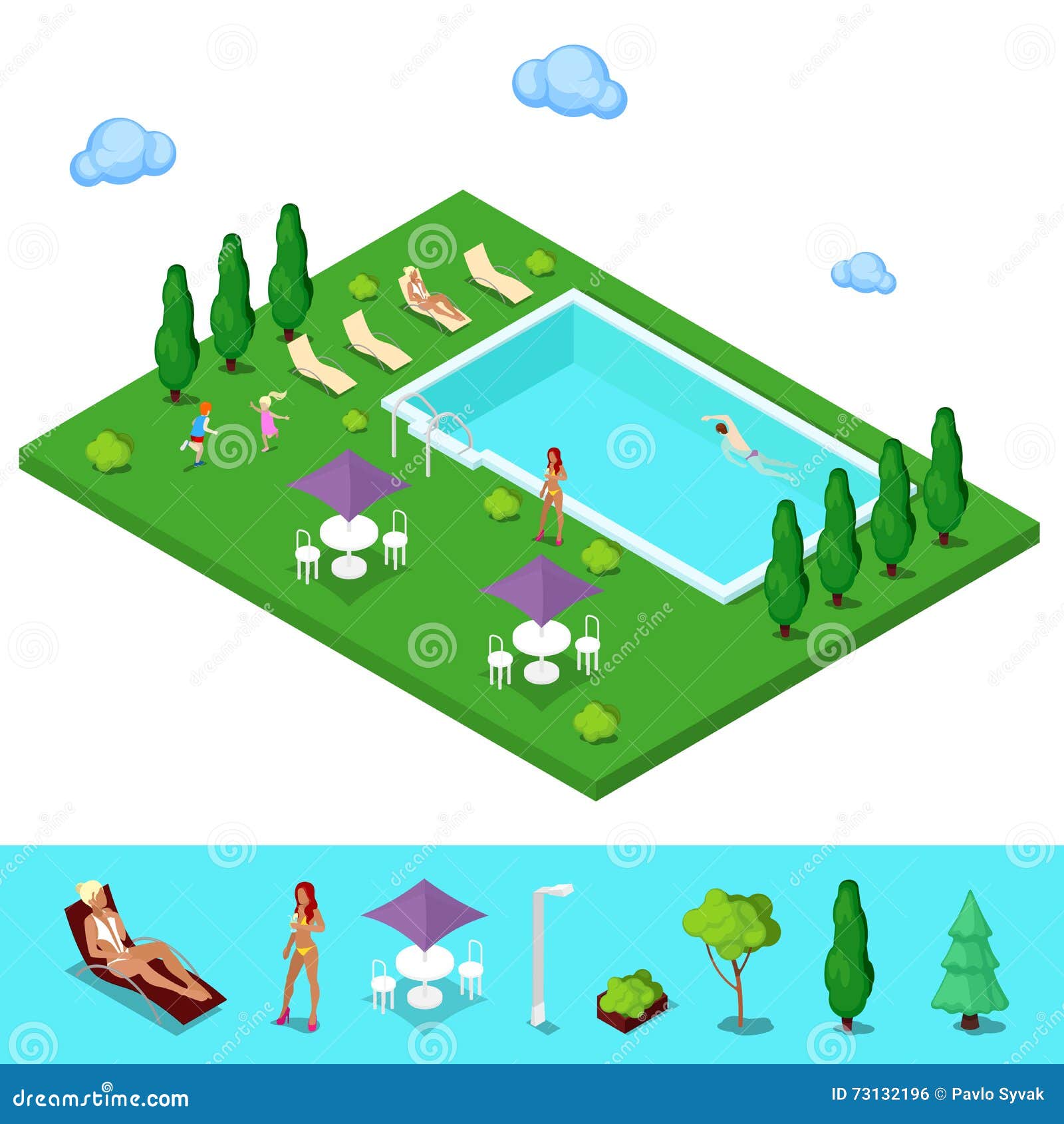 Isometric Swimming Pool. Summer People Near the Outside Pool Stock ...