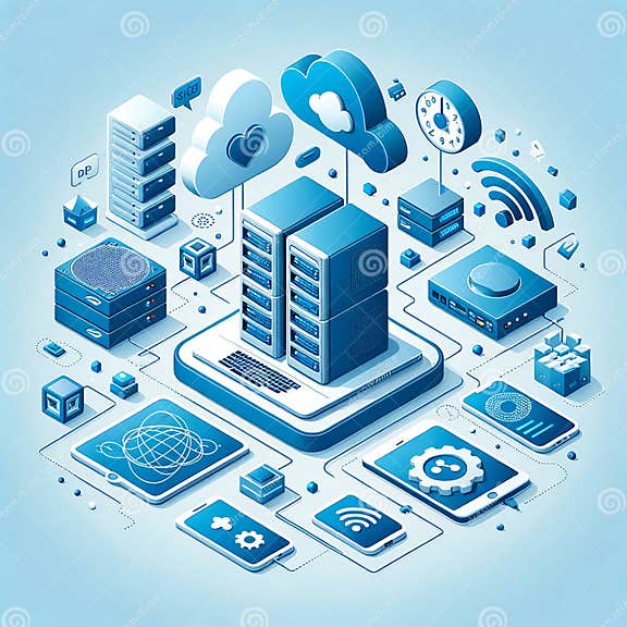 Isometric Tech Devices Interconnected, Symbolizing Cloud Computing and