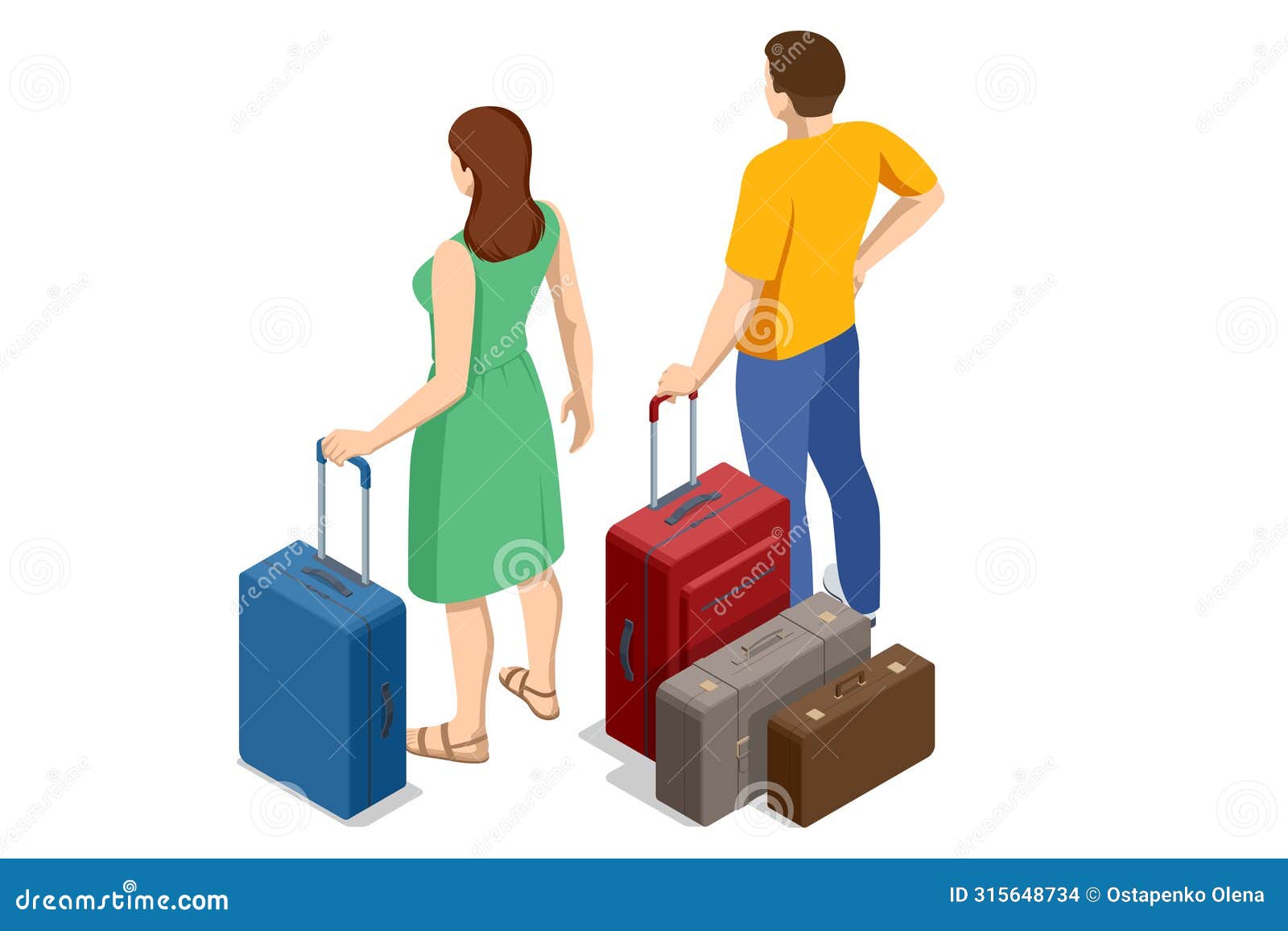 isometric tourist travel abroad in free time rest getaway air flight trip journey concept. couple being ready to go for