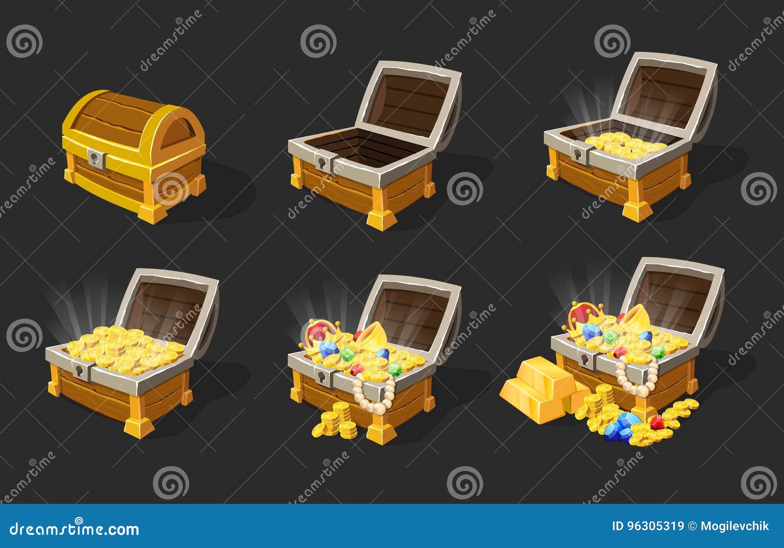 isometric treasure chests animation set