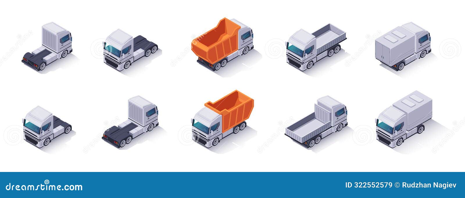 isometric trucks set. logistics vehicle icons with containers for cargo delivery and shipping. dump trucks and