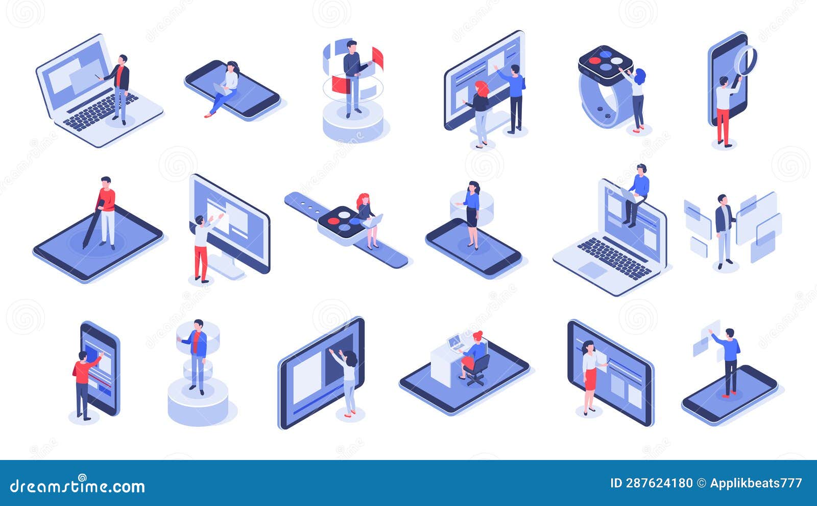 Isometric User Interface. Online Office, Device Interactions and Touch