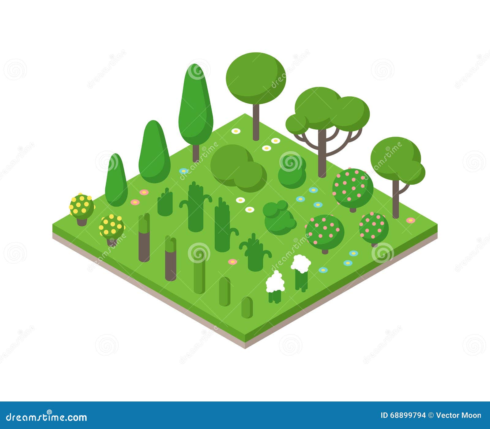Isometric Vector Green Tree Set on Field Background Illustration. Stock