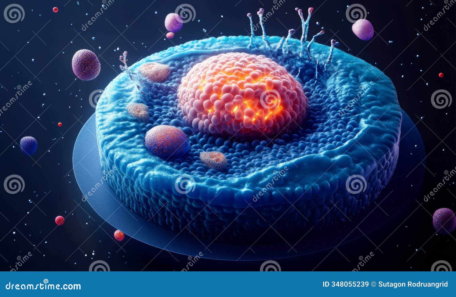 isometric view of a cell with detailed organelles such as the nucleus, mitochondria, and ribosomes, showcasing cell biology