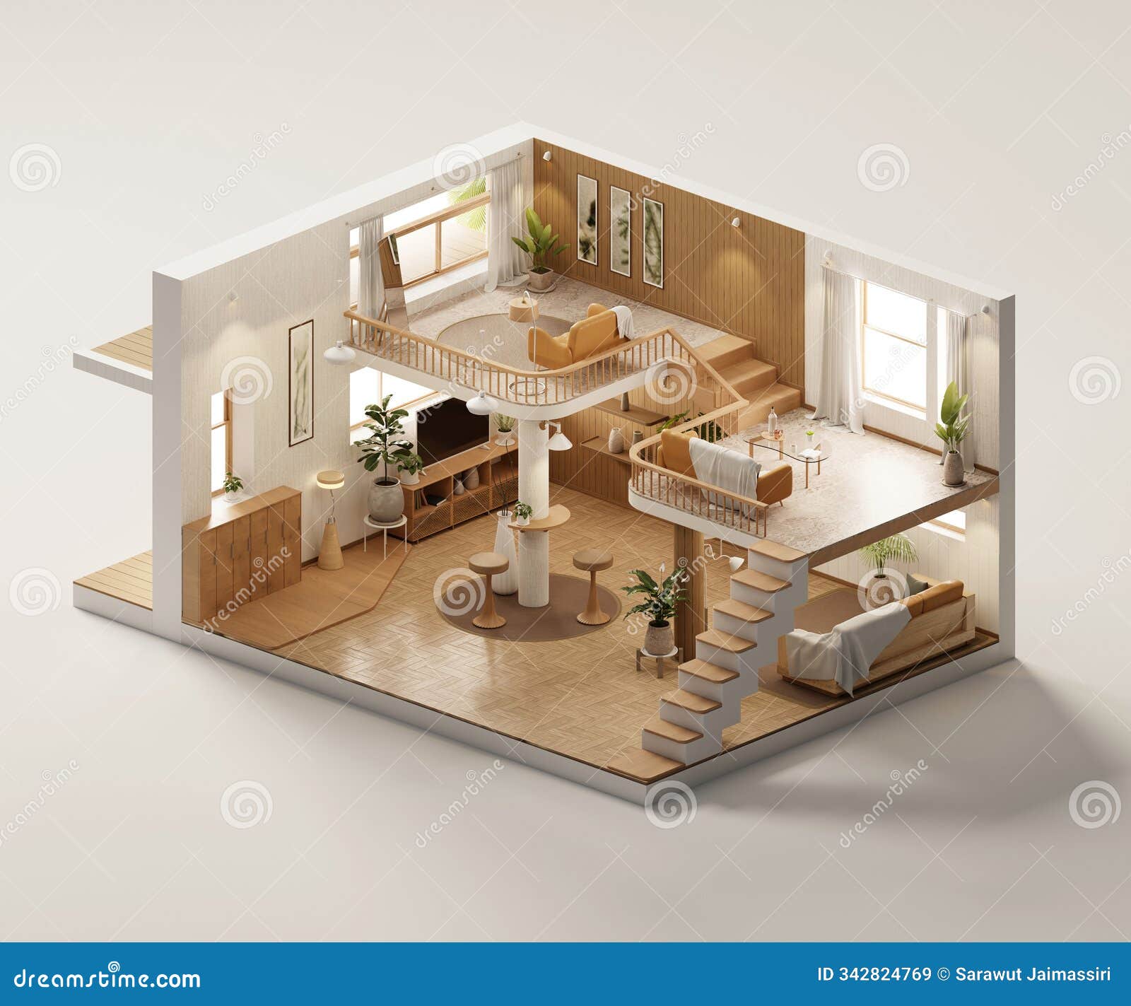 isometric view living room muji style open inside interior architecture 3d rendering