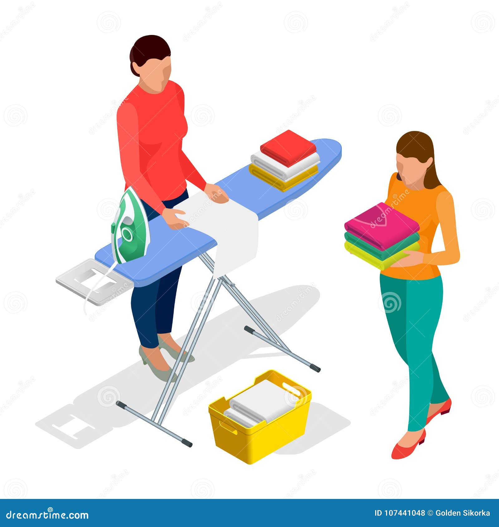 Isometric Woman Ironing Clothes Using Iron On Ironing Board After
