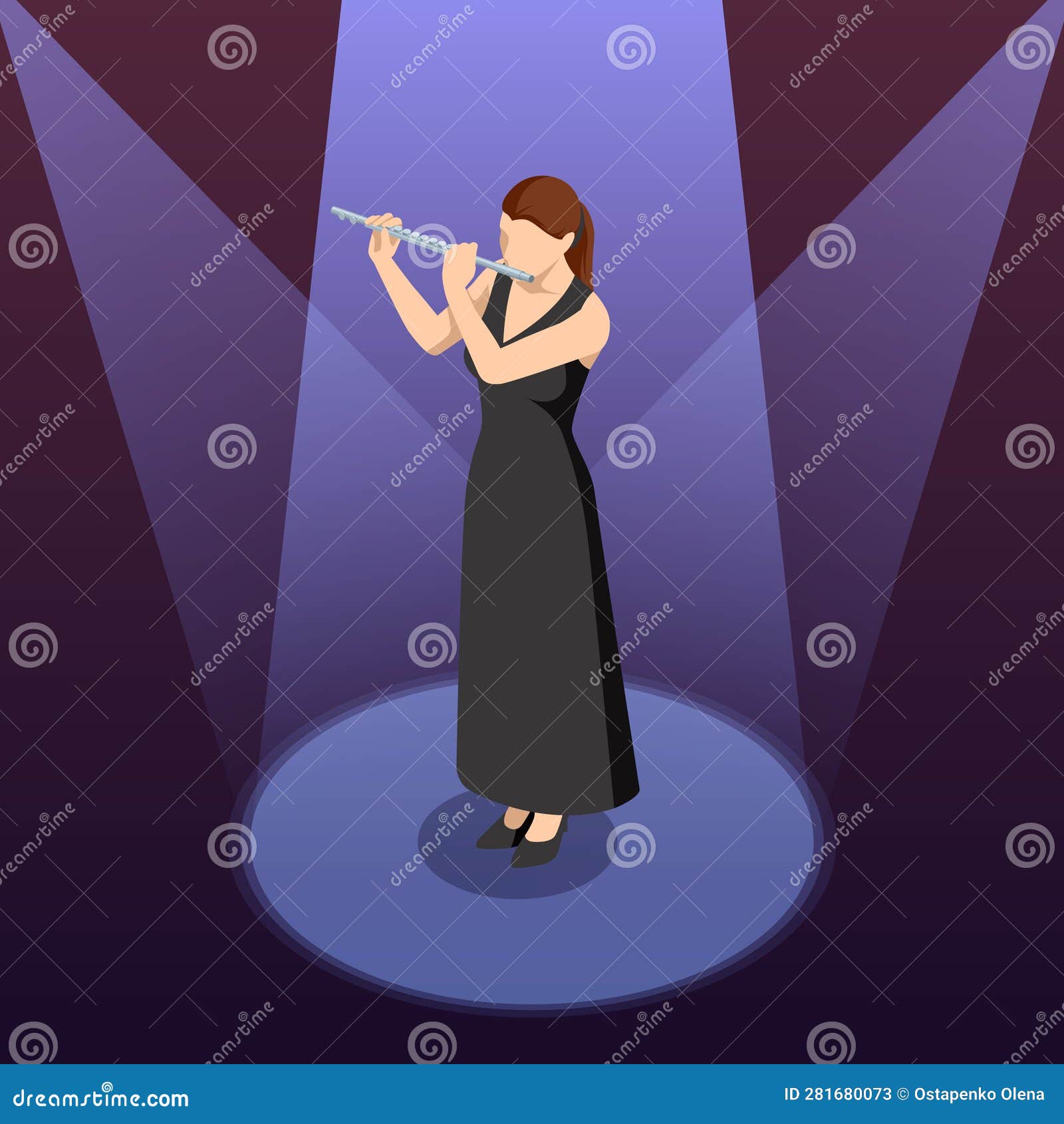 isometric woman plays the flute. flute woodwind orchestral instrument