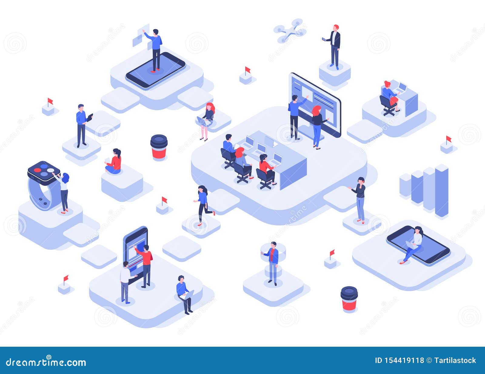 Isometric Work Team. Cloud Workplaces Platforms, Modern Teams Workflow ...