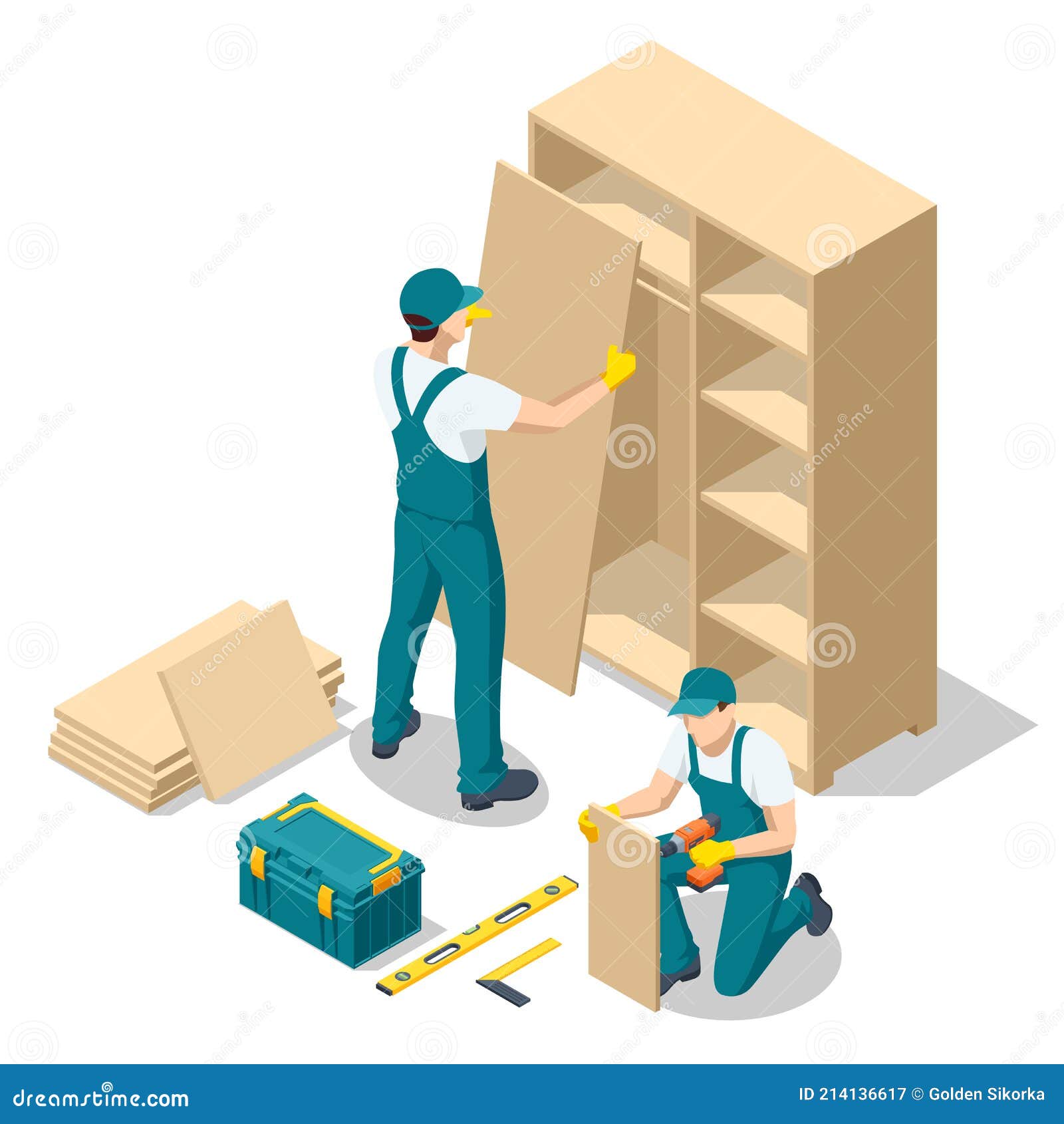 isometric workers of manufacture with professional tools during furniture assembly. furniture assembly concept