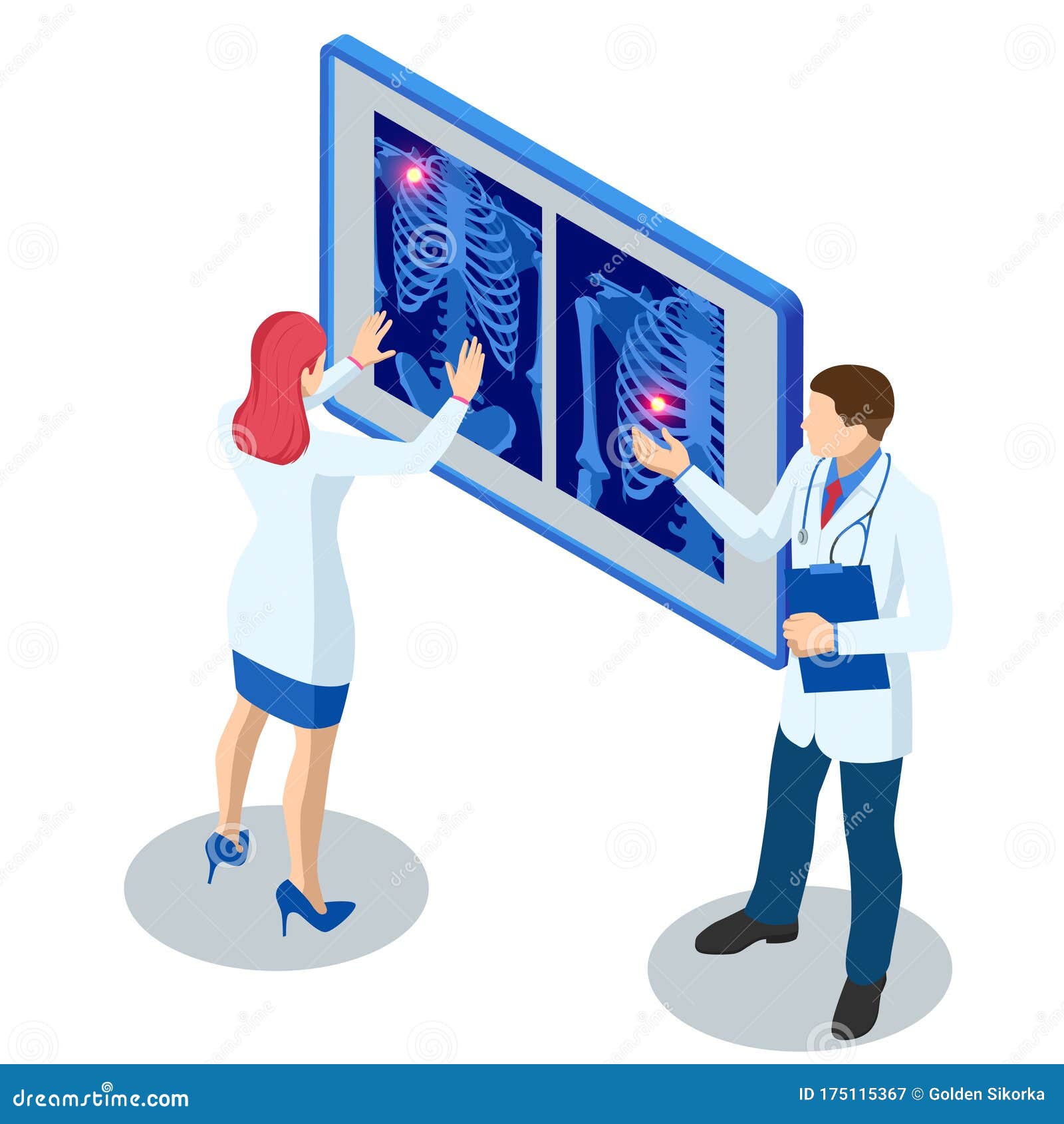 isometric x-ray machine for scanning human body. doctor checking examining chest x-ray film of patient. roentgen of