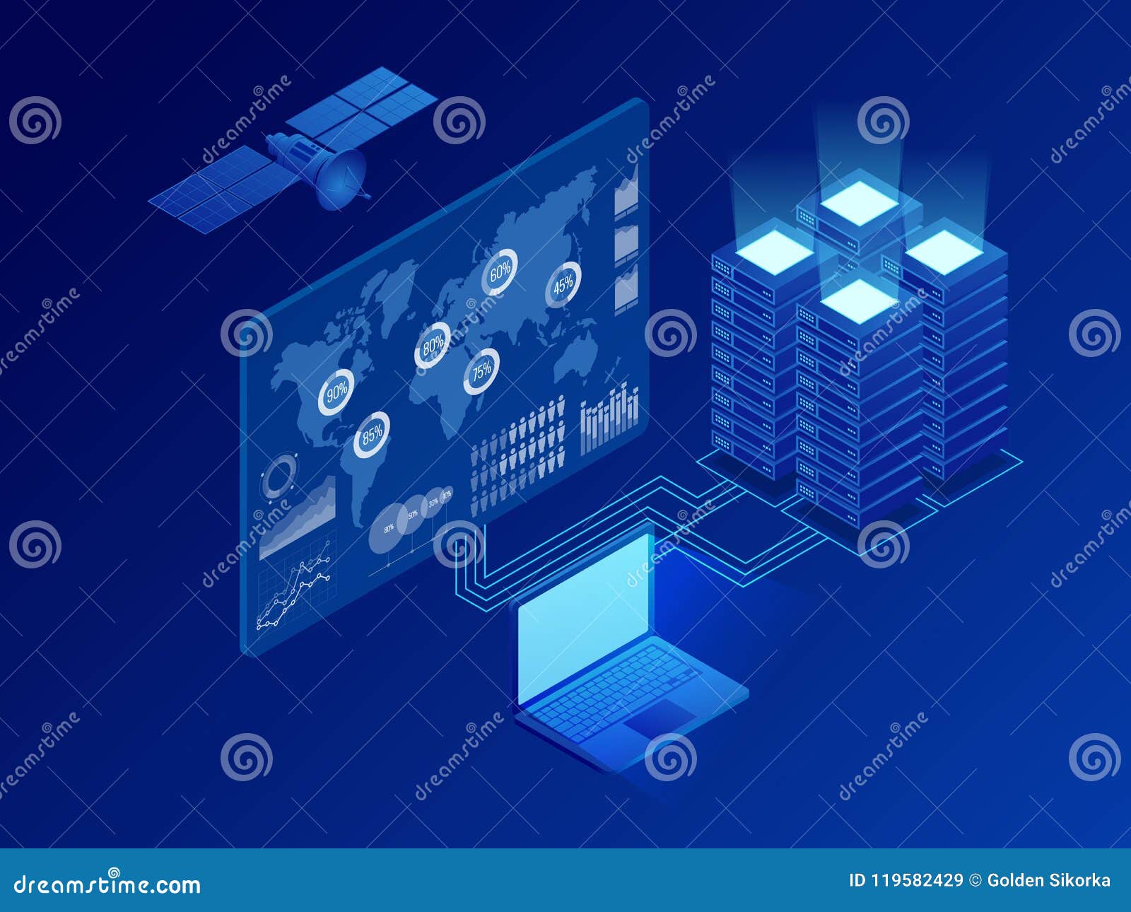 Isometric παγκόσμιο ψηφιακό δίκτυο πληροφοριών, μεγάλα στοιχεία - επεξεργασία, ενεργειακός σταθμός του μέλλοντος, ράφι δωματίων κεντρικών υπολογιστών, έννοια κέντρων δεδομένων Διανυσματική isometric απεικόνιση