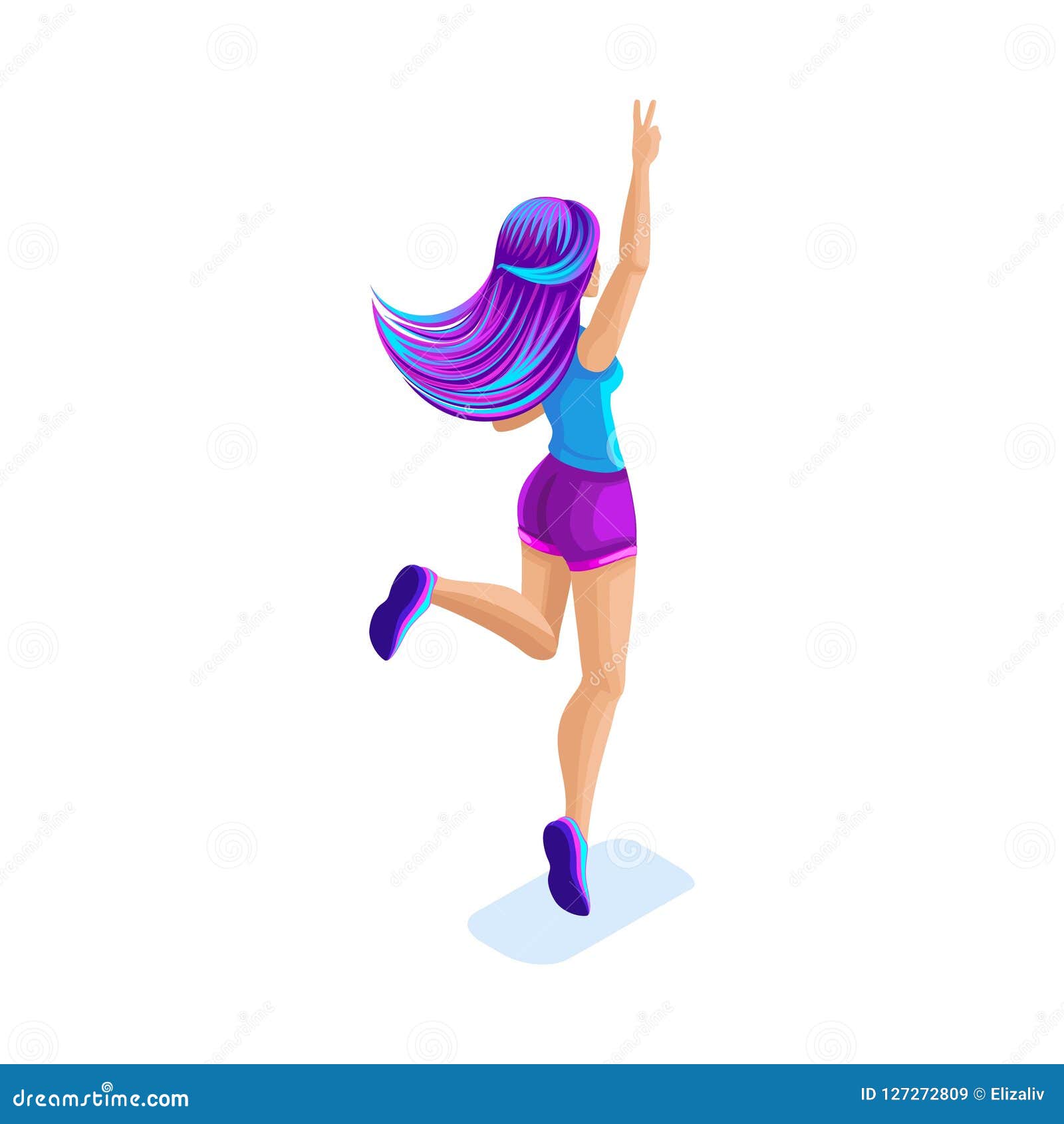 Isometrics Girl Jumping, Having Fun, Happy With Bright 