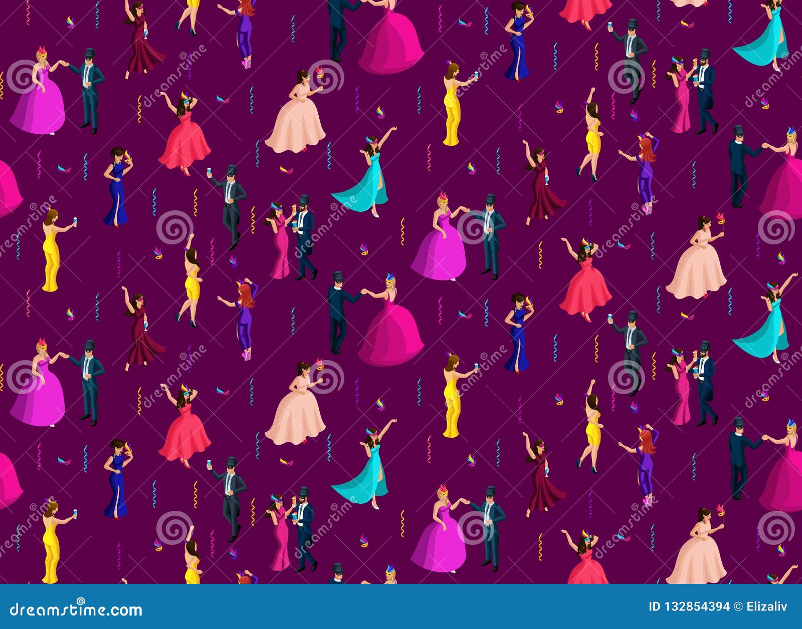 isometry seamless background, 3d girls and men, masquerade, masks with feathers, candy, venetian masquerade