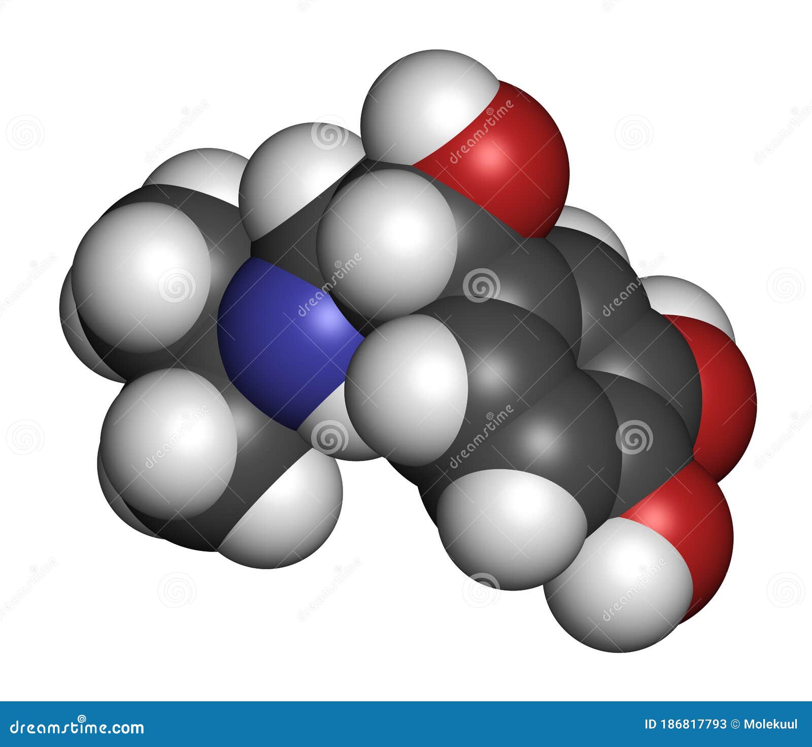 isoprenaline (isoproterenol) drug molecule. used in treatment of bradycardia, heart block and asthma. 3d rendering. atoms are