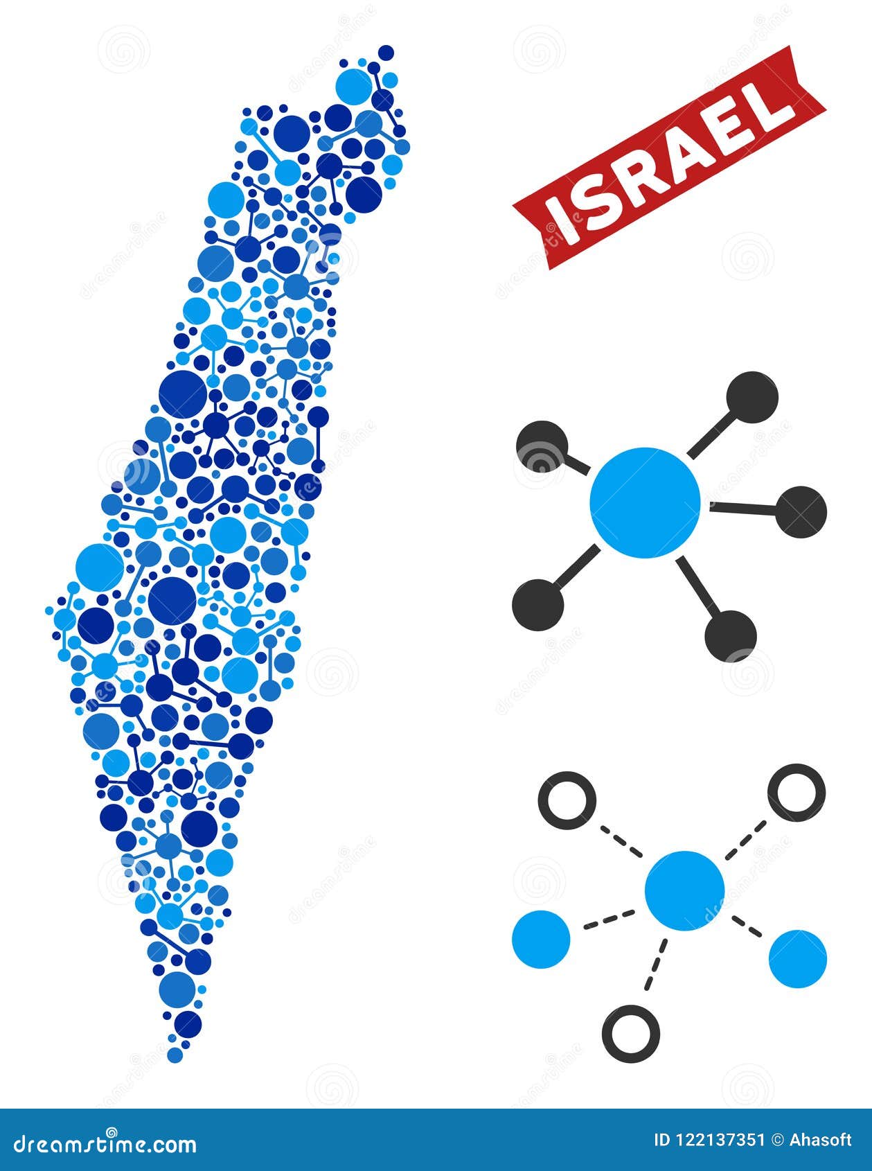 Israel Map Connections Composition. De kaartsamenstelling van netwerkisraël Abstract geografisch plan van relaties in blauwe kleurentonen De vectorkaart van Israël wordt ontworpen van netwerkverbindingen Het concept voor verbindt bedrijf onderling