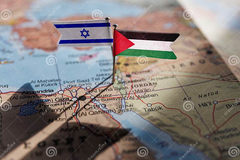 Israel and Palestine Flags on Geopolitical Map. Gaza Strip and West
