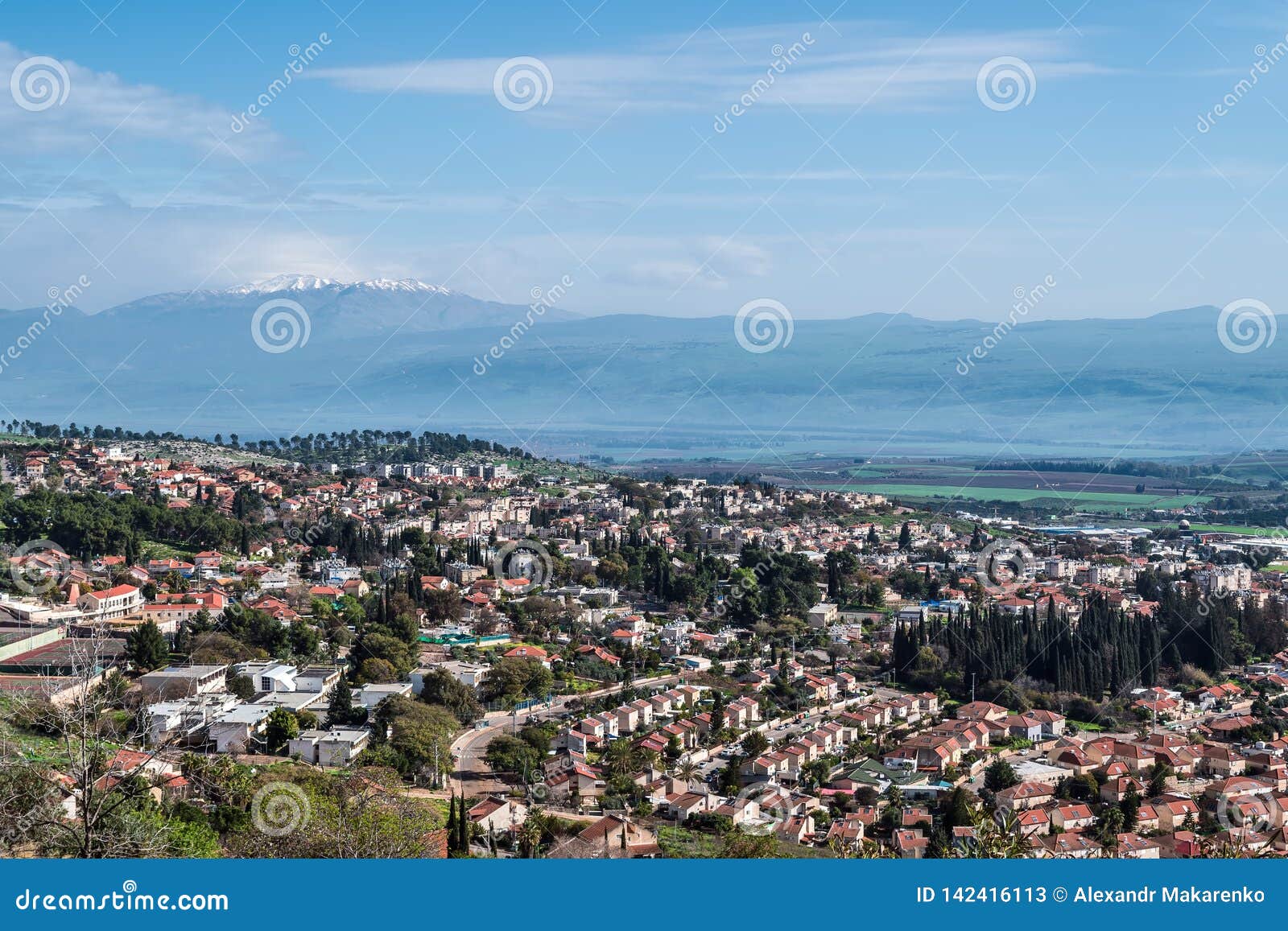 israel, rosh pinna, view of the hula valley, golan heights.