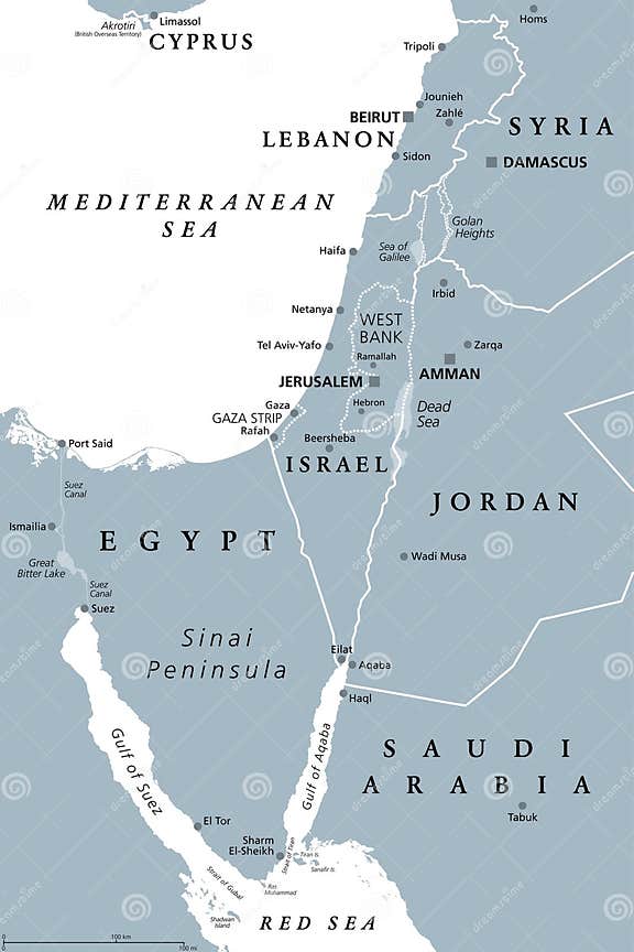 Israel and the Sinai Peninsula, the Southern Levant, Gray Political Map