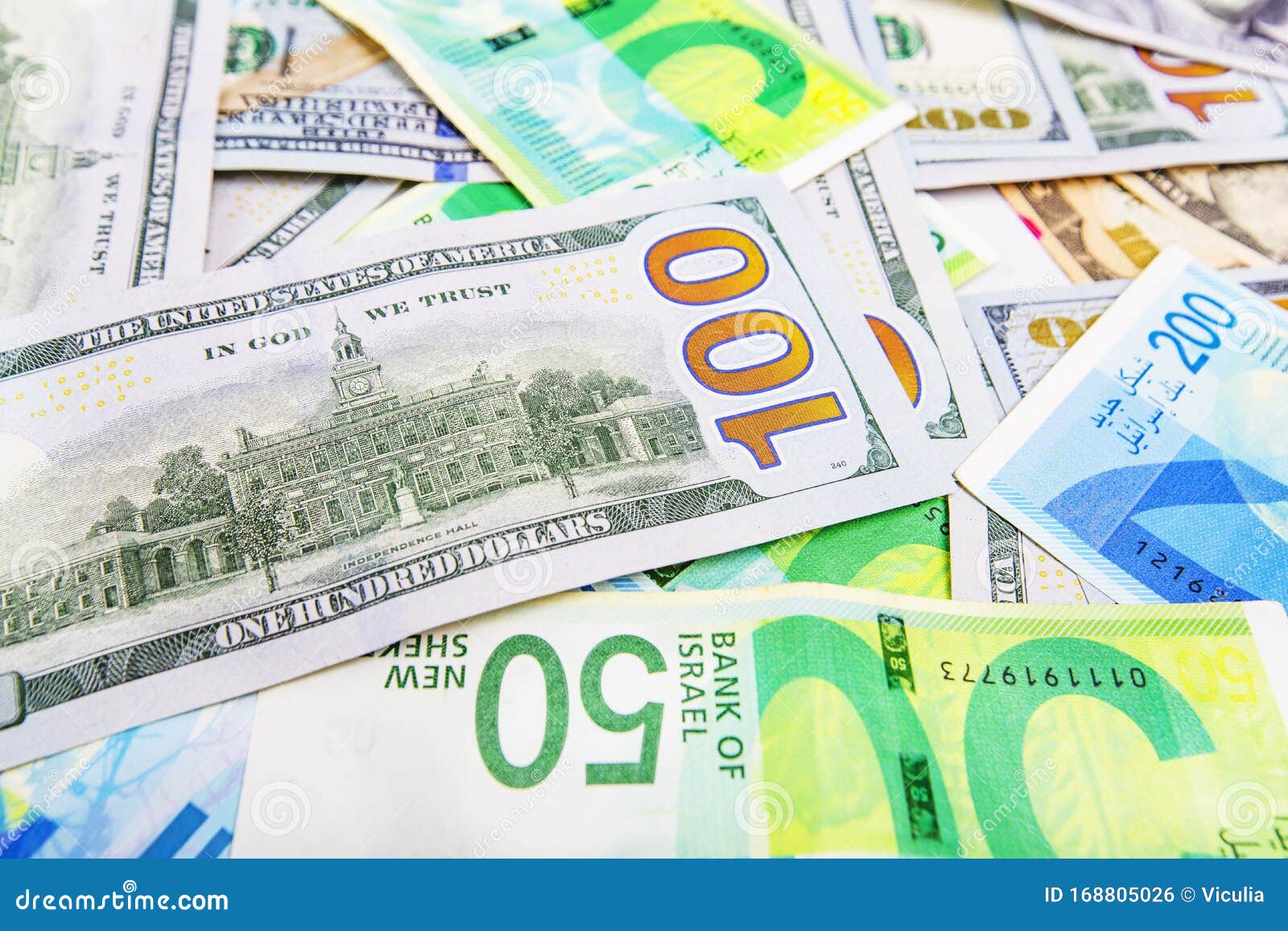 Israeli and American Banknotes. Shekel and American Dollars. Stock