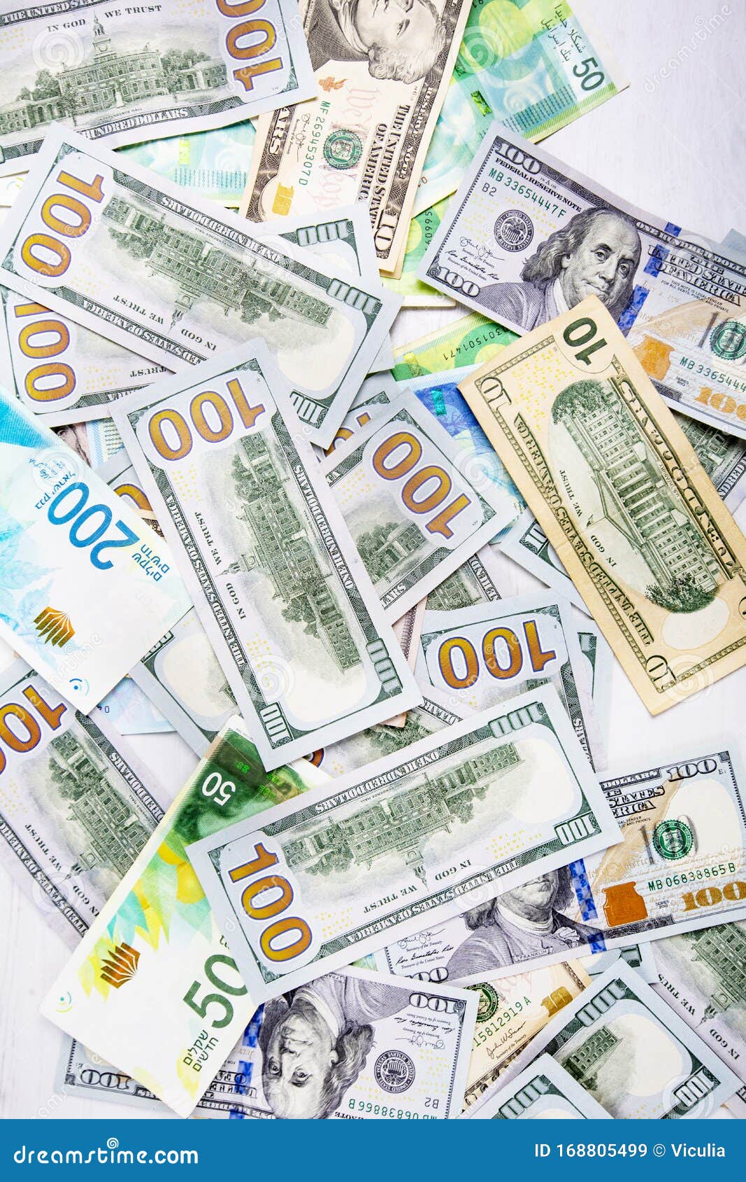 Israeli and American Banknotes. Shekel and American Dollars. Stock