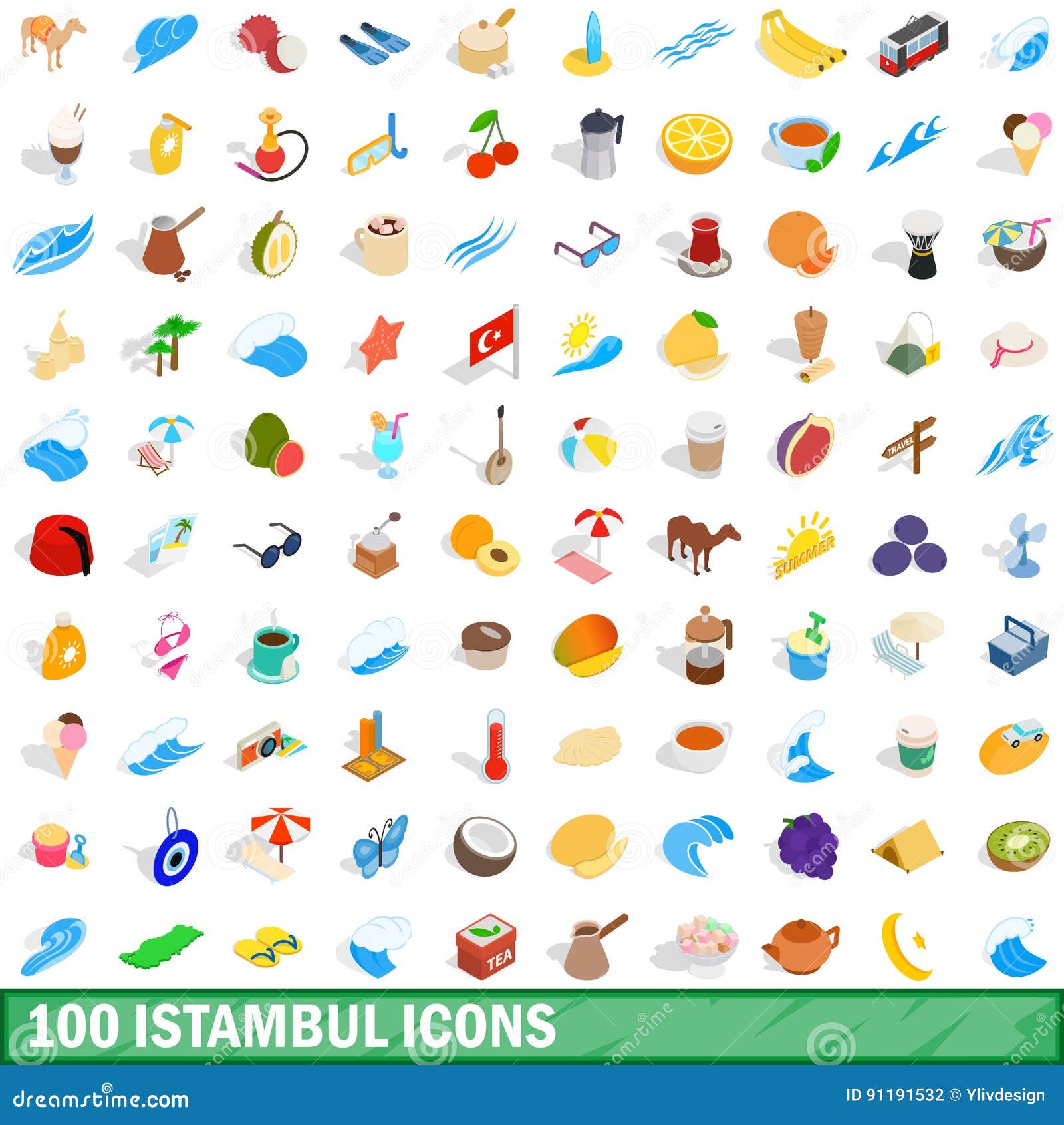 100 istambul icons set, isometric 3d style