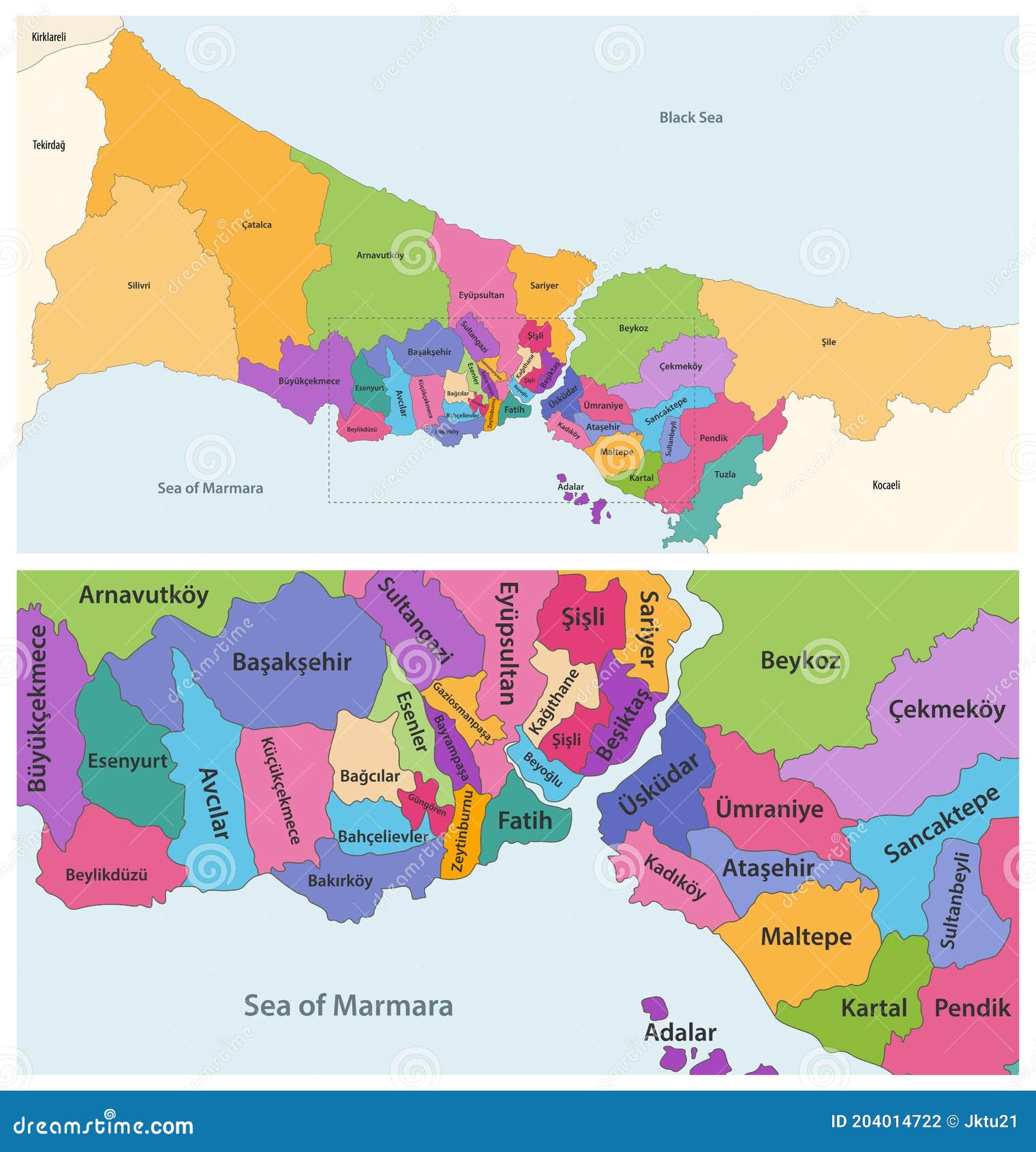 districts of istanbul province  close up detailed map