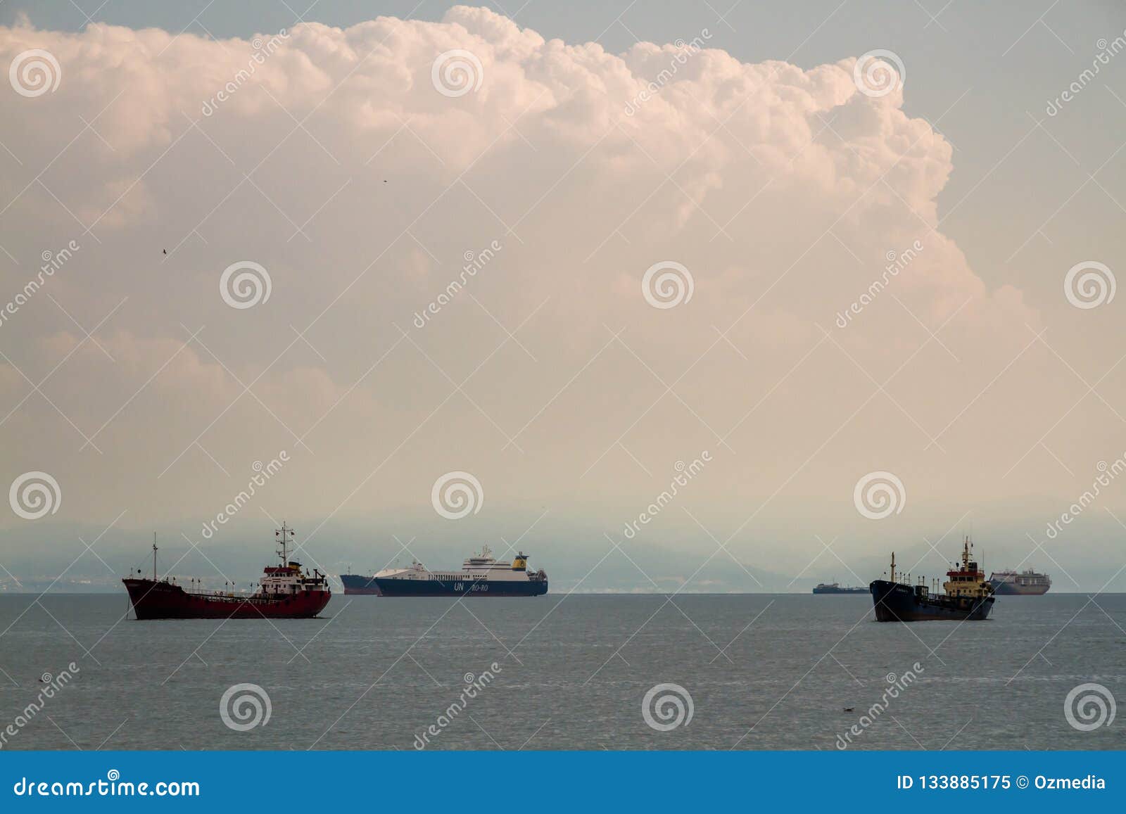 Cargo Ships Anchored Off Shore In Pendik, Istanbul
