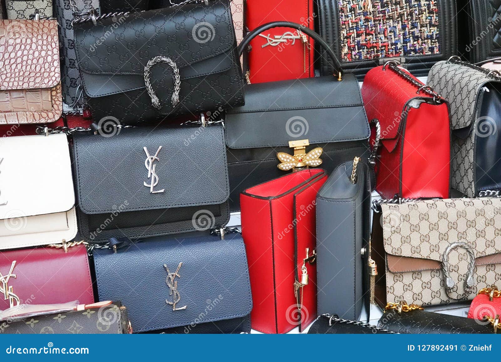 Istanbul, Turkey, September 22., 2018: Bunch of Fake Brand Bags at the  Bazaar. Editorial Photo - Image of handbag, female: 127892491