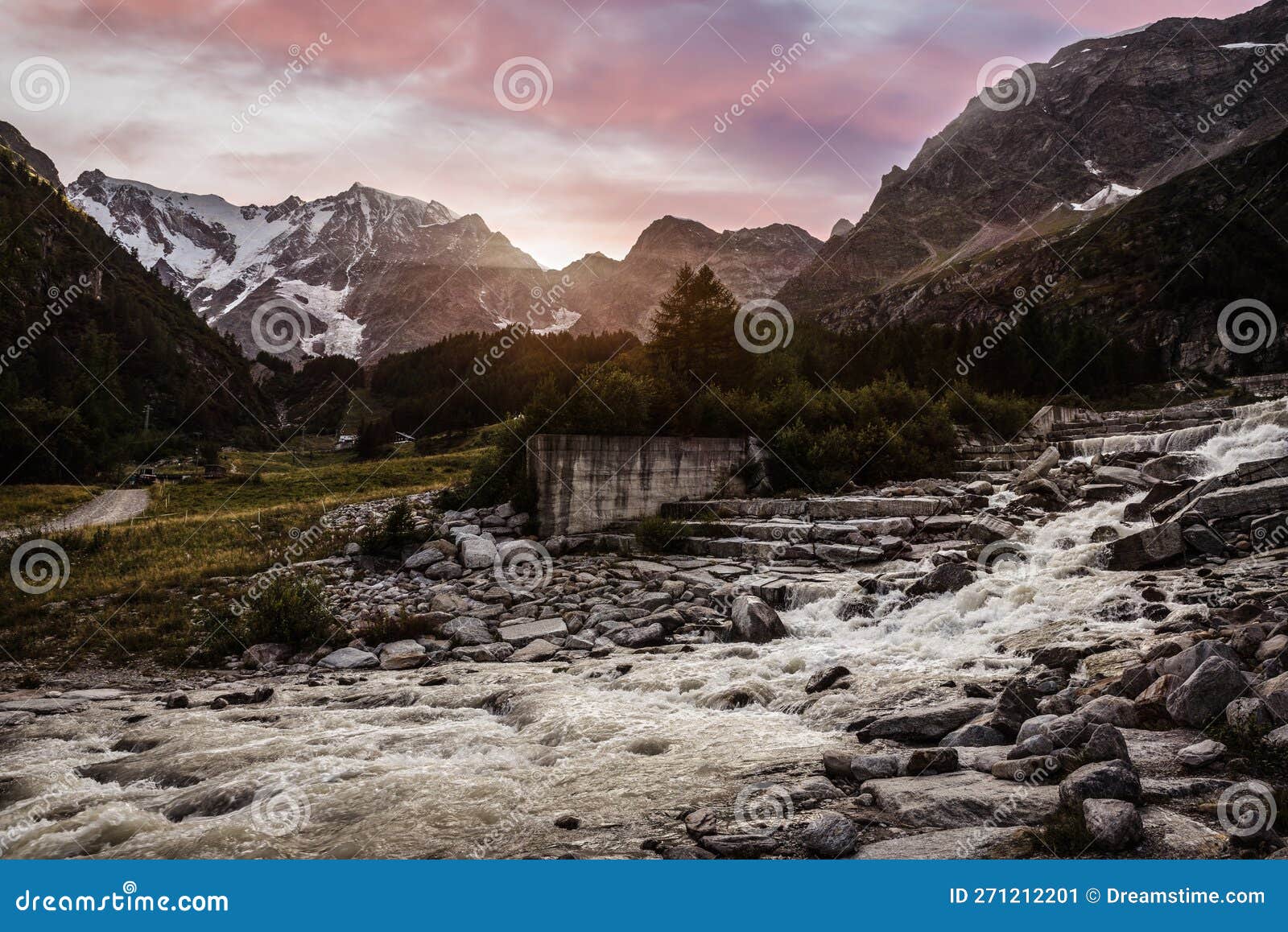 italian alps with a creek at sunset. monte rosa, macugnaga, italy