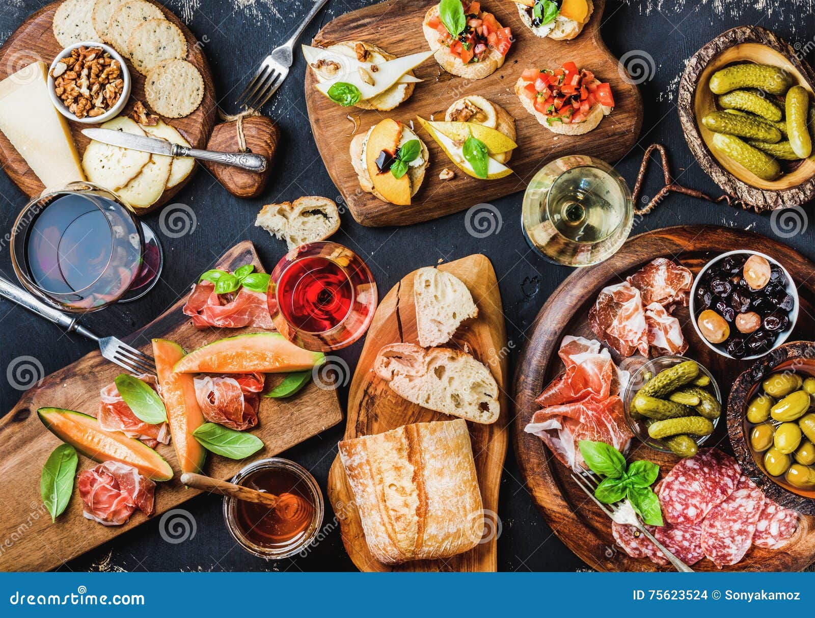 Italian Antipasti Wine Snacks fresh: Set Stock Over Photo cutlery, Grunge of 75623524 Background Image - Black