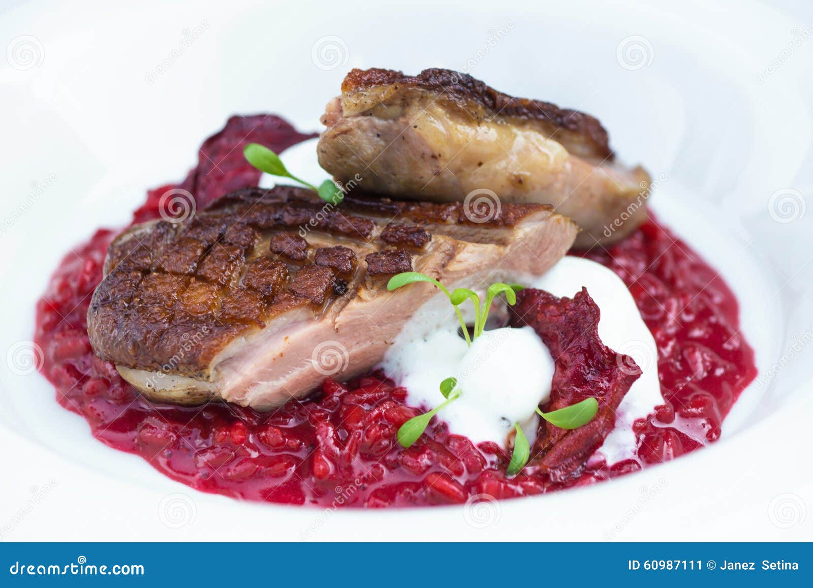 Italian Beetroot Risotto With Delicious Roasted Duck Breast Stock Image