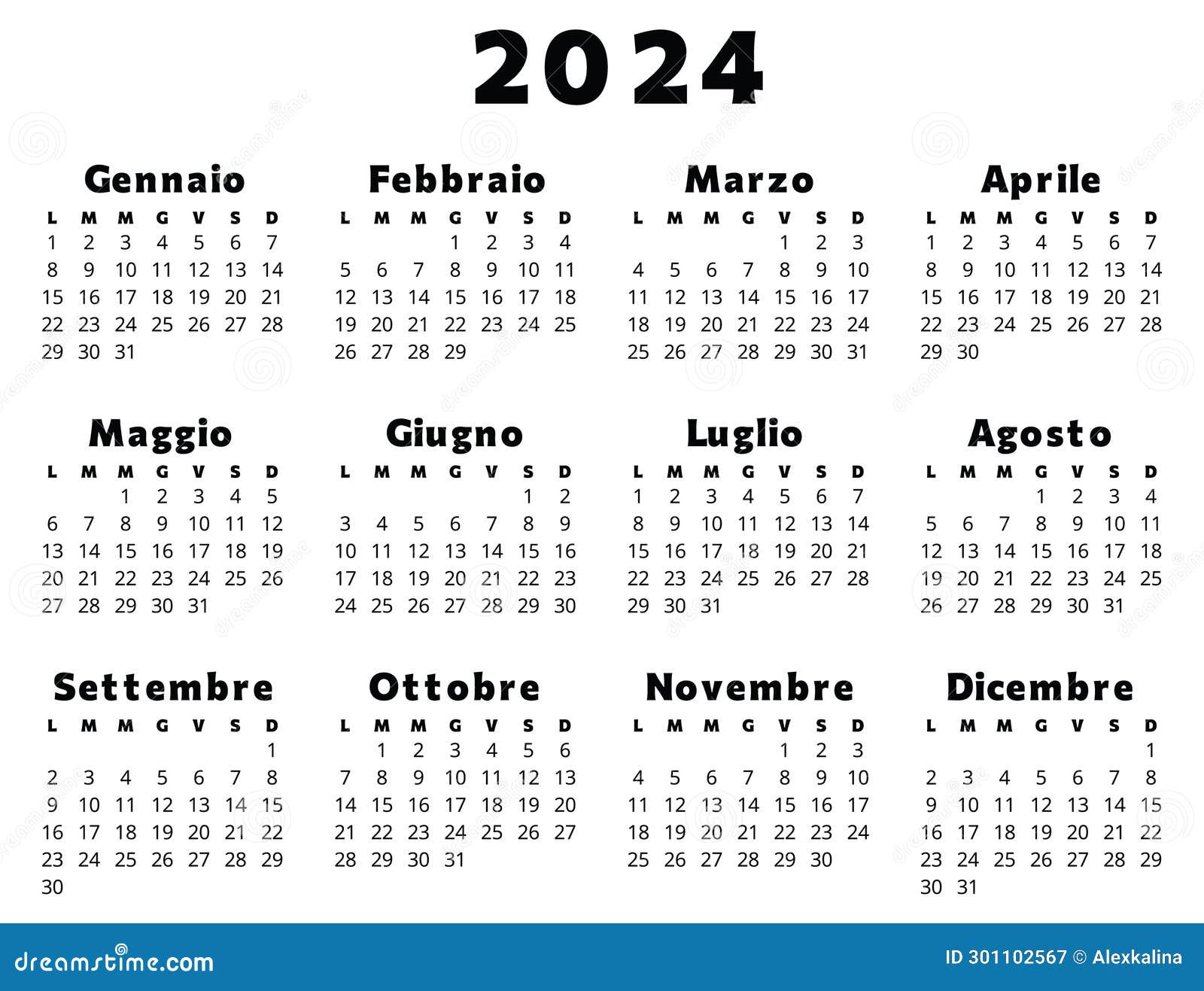 italian calendar for 2024 in black color. printable, editable   for italy