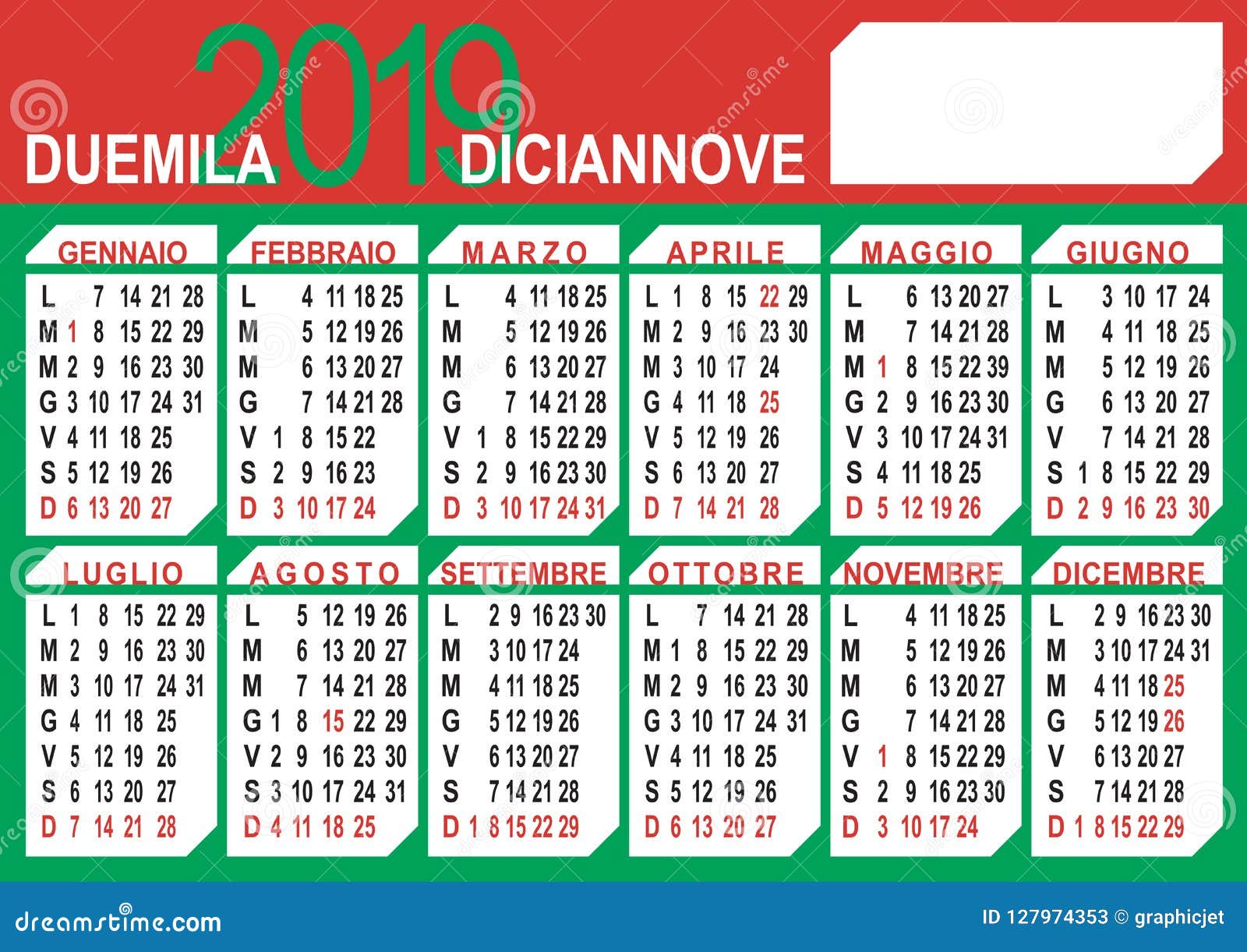 2019 italian calendar stock vector. Illustration of business 127974353