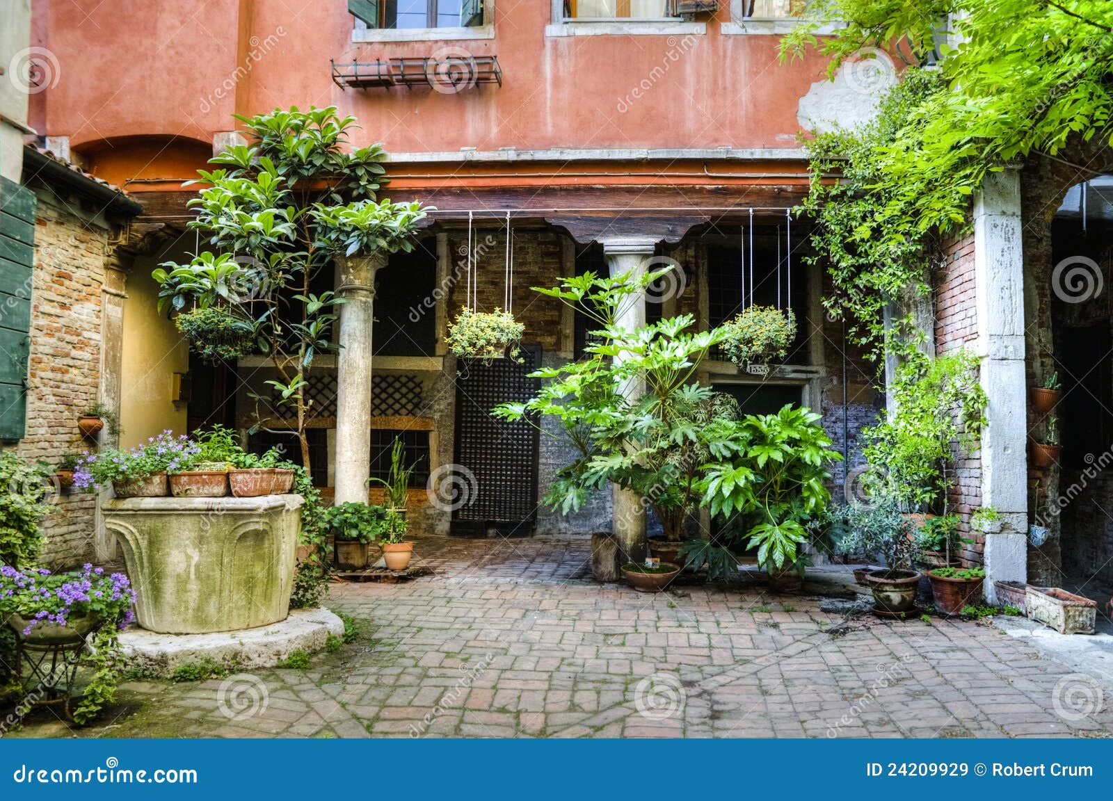 Italian Courtyard with Plants in Containers Stock Image Image of