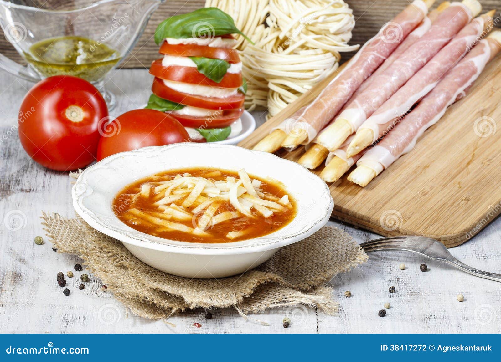 Italian Cuisine Tomato Soup, Breadsticks with Ham, Caprese Stock Photo Image of caprese